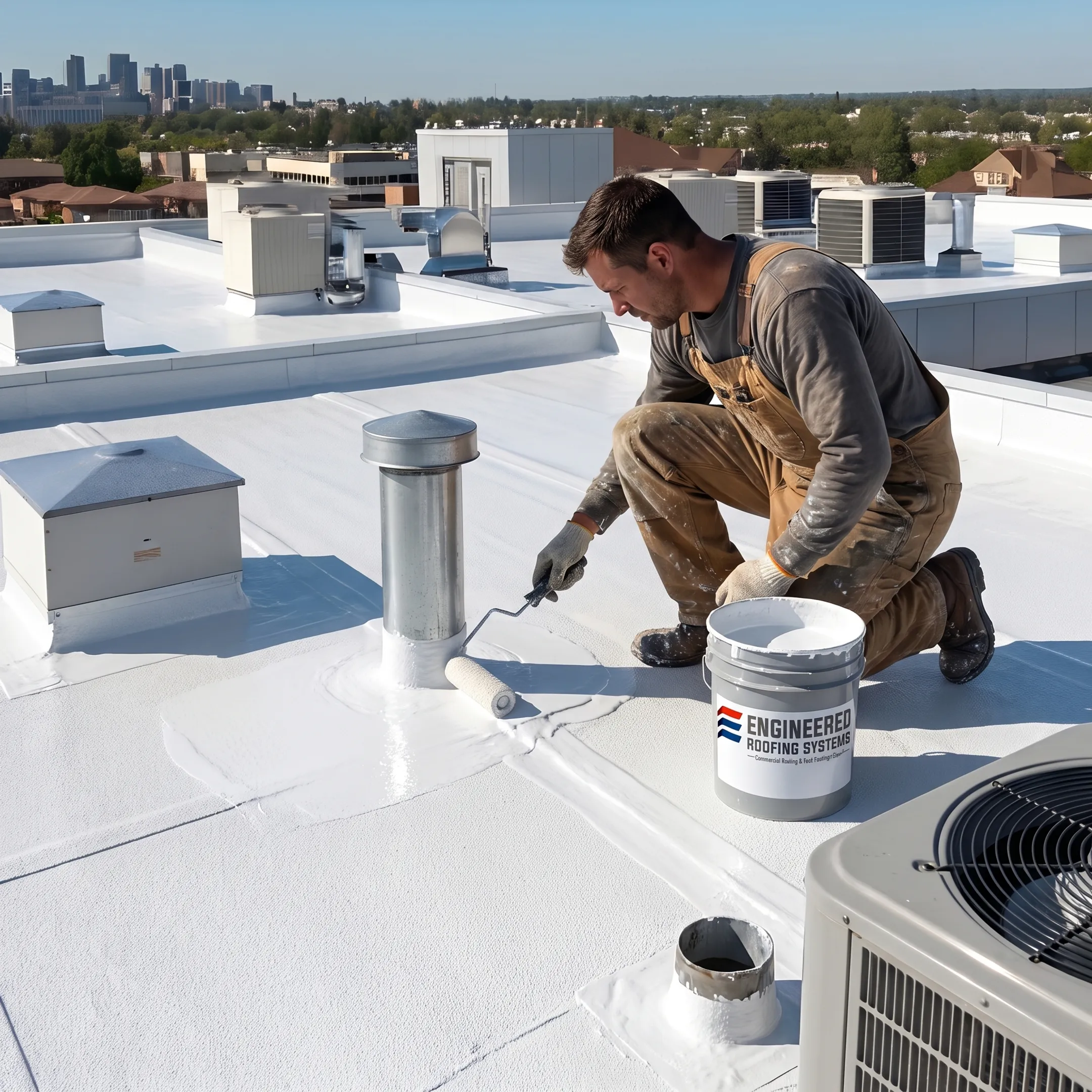 Technician applying protective roof coating