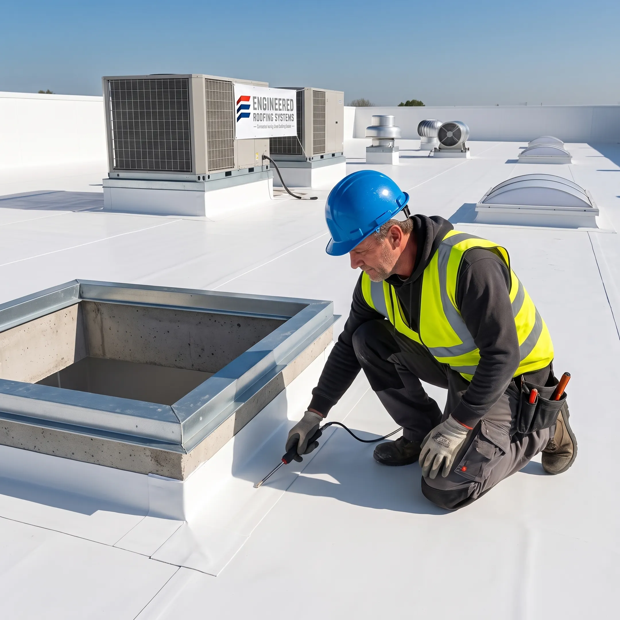 Technician inspecting commercial roof installation details