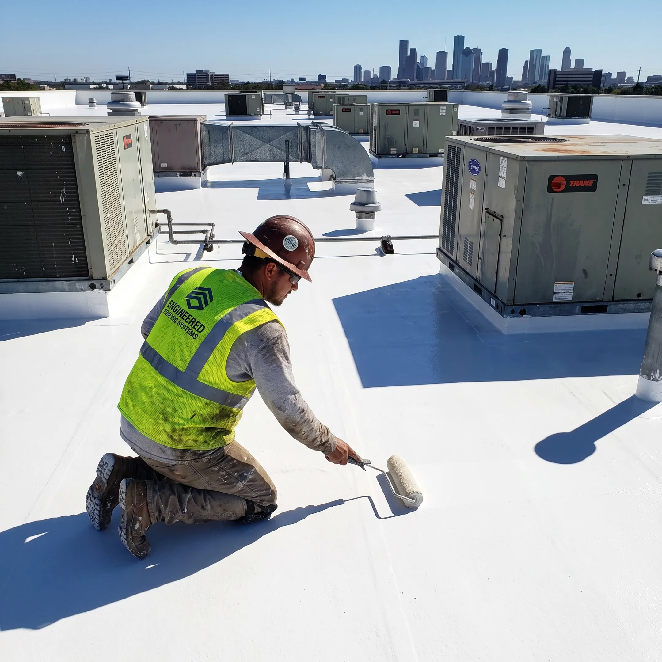 Technician applying protective roof coating