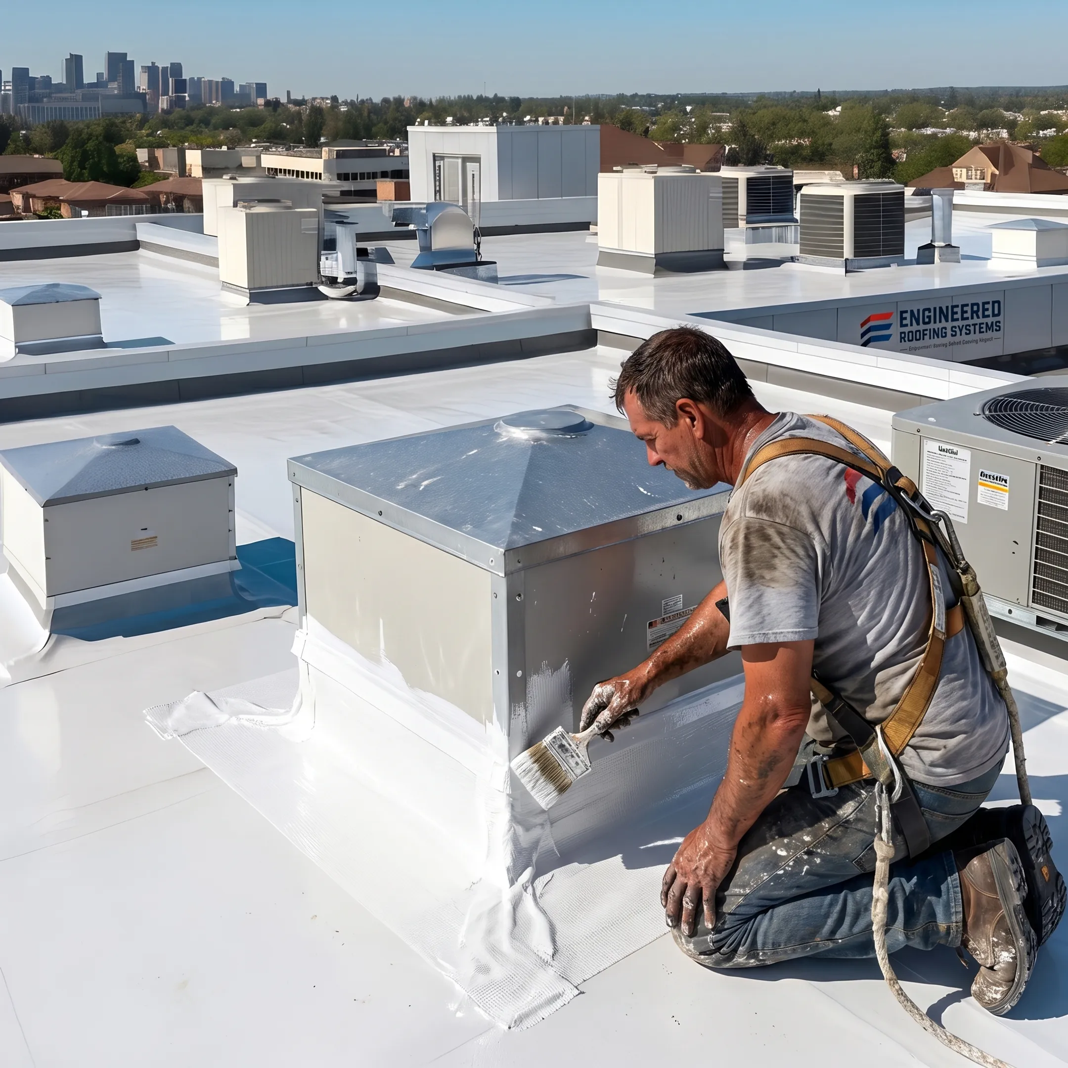 Commercial roofer applying reflective roof coating