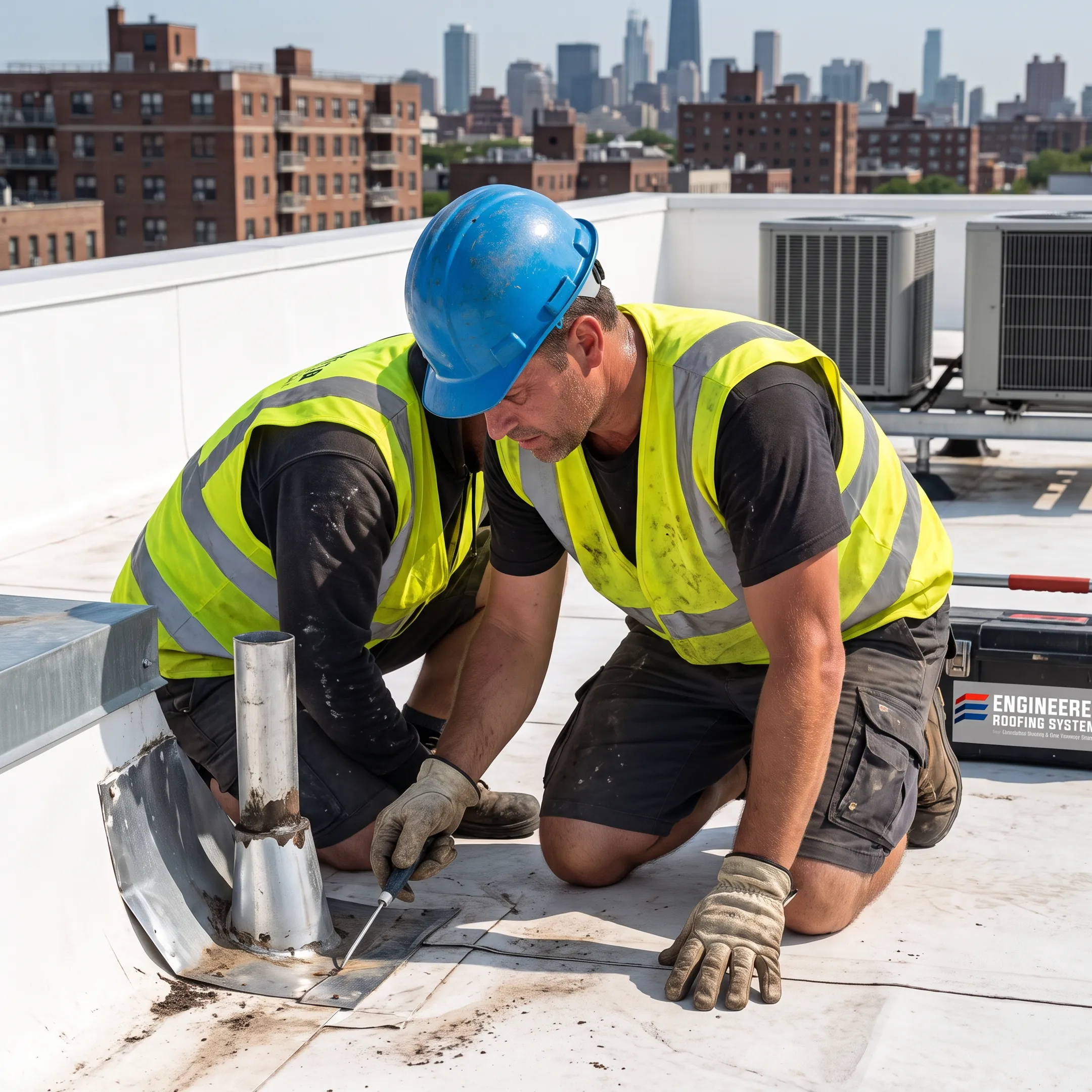 Commercial roofer inspecting roof seams and flashing