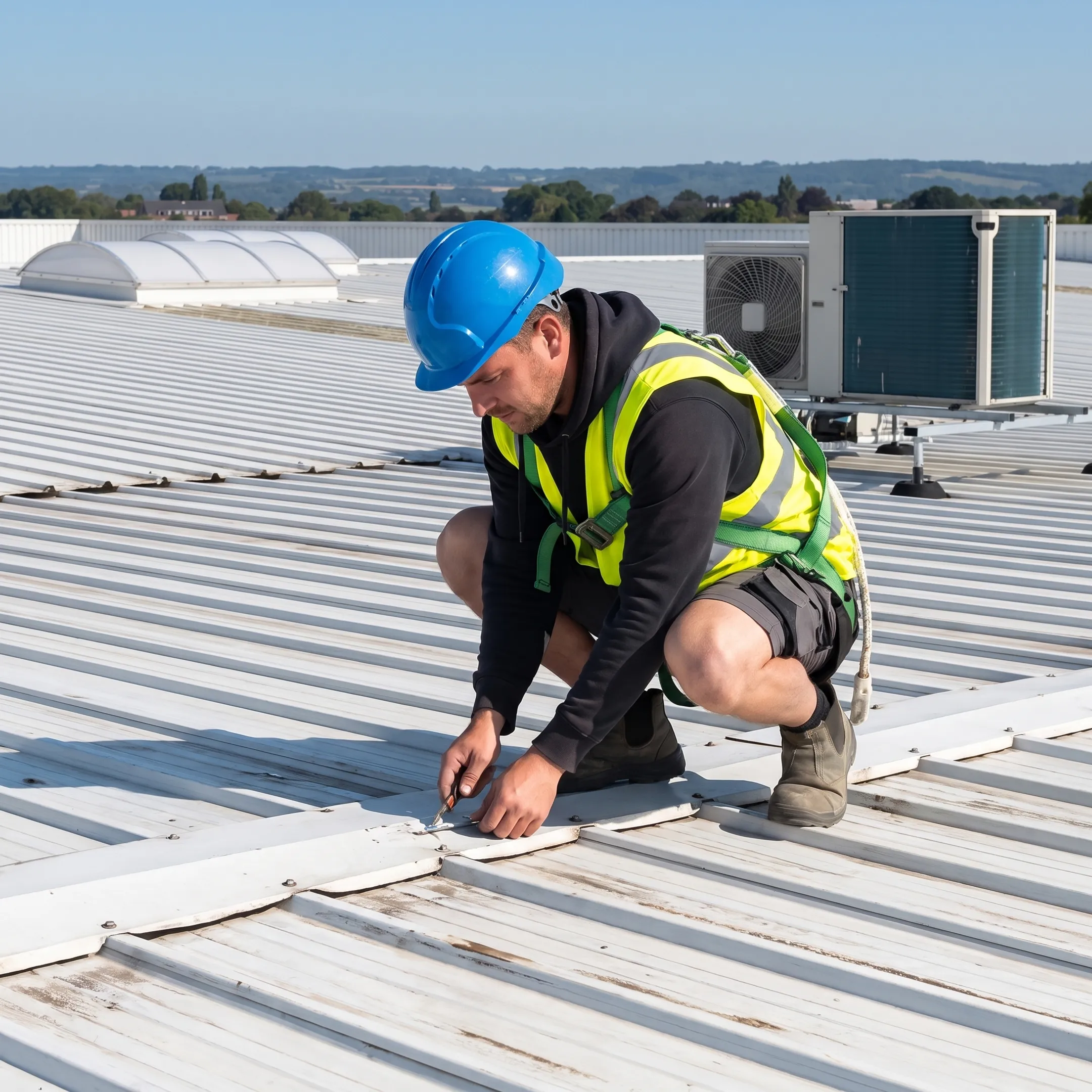 Technician inspecting white metal roof panels