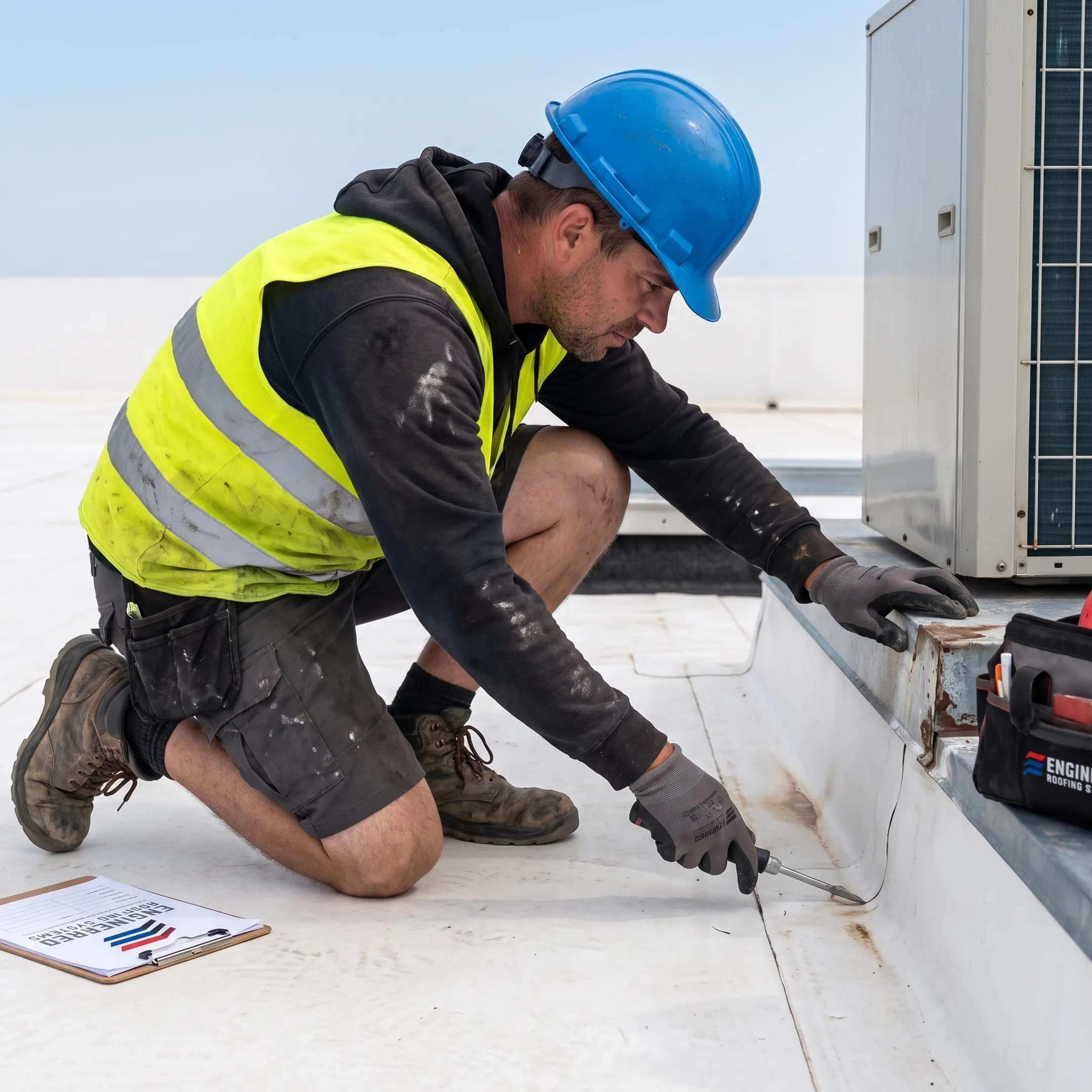 Technician inspecting commercial roof seams and flashing