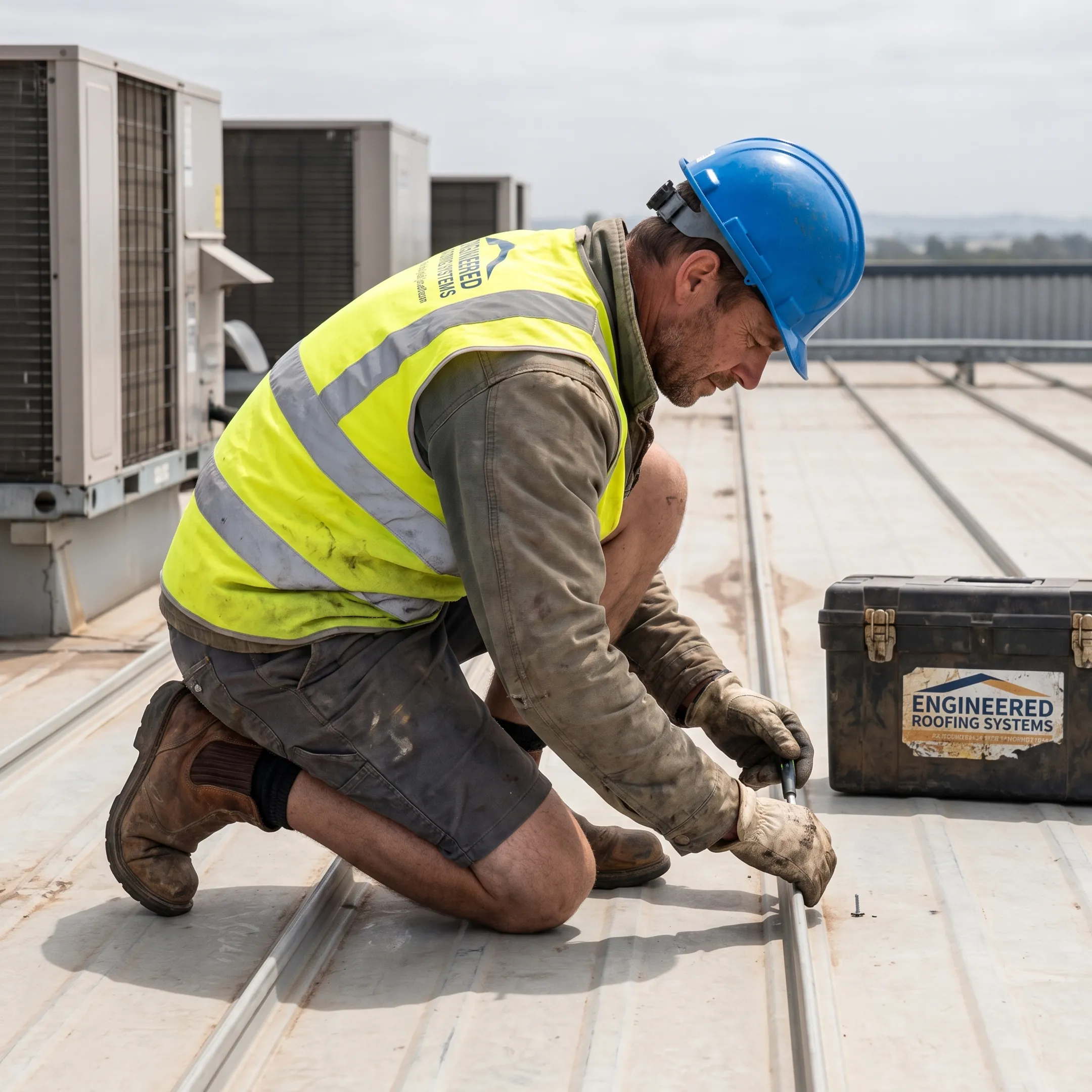 Roofer inspecting metal roof panel seams