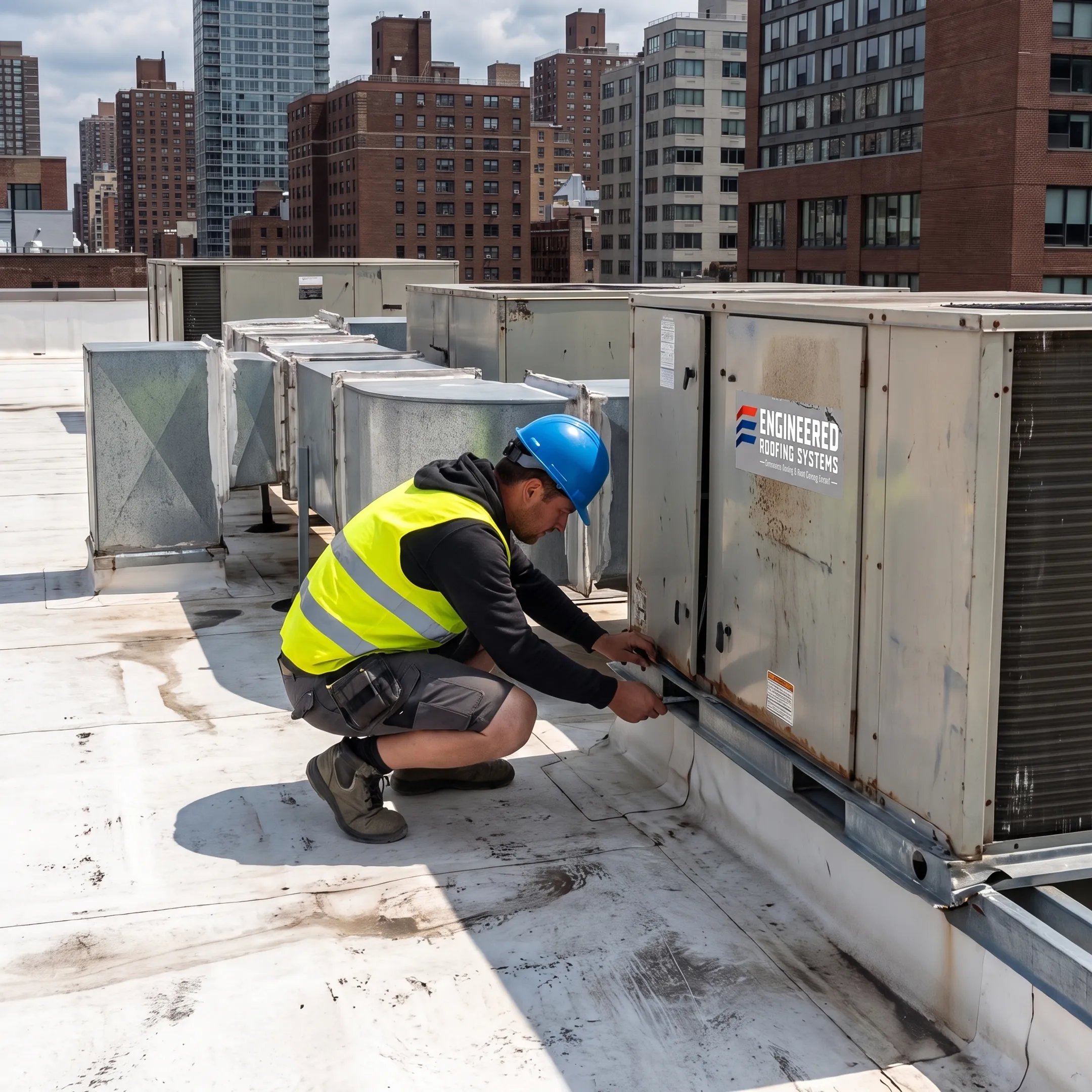 Technician assessing a commercial roof membrane