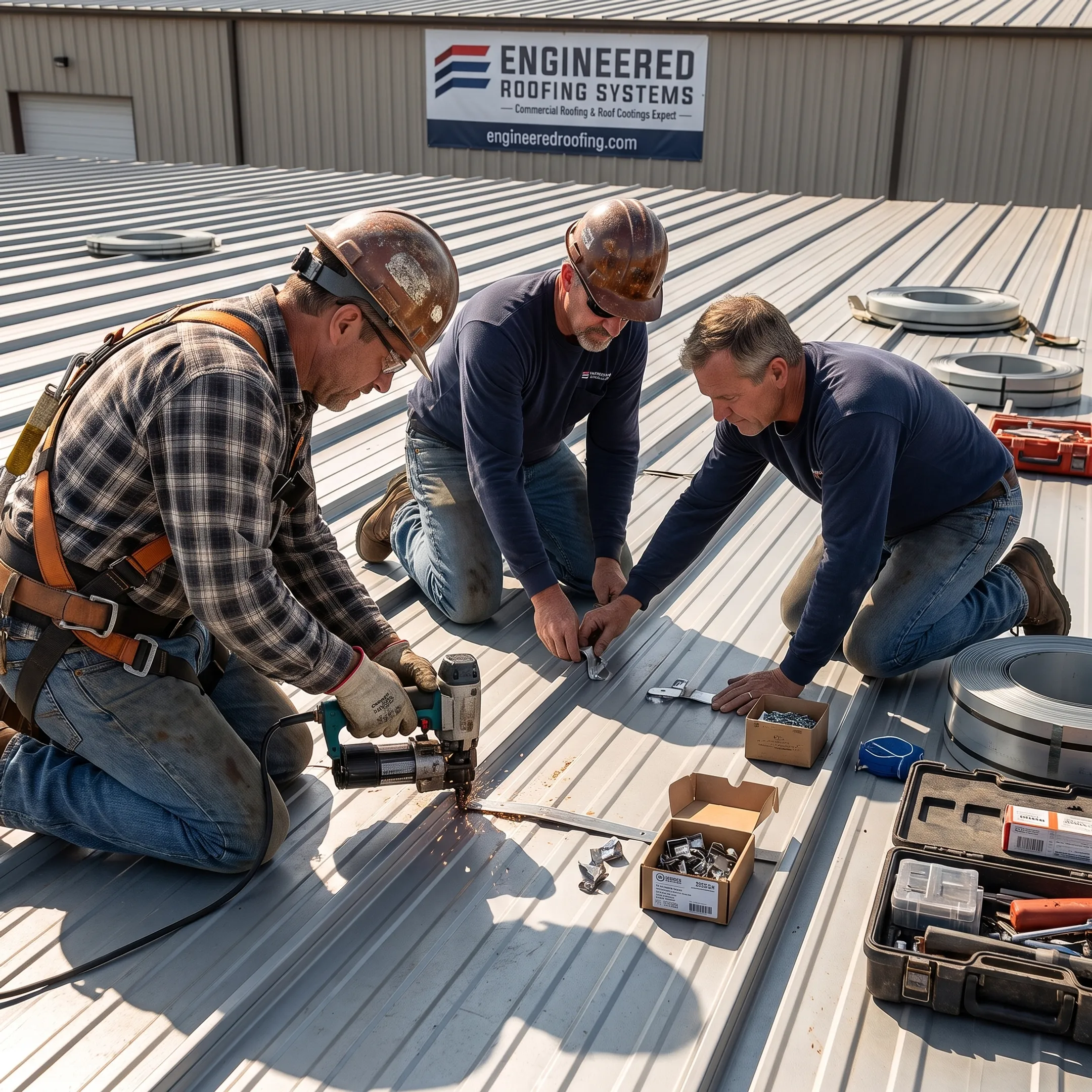 Roofing crew installing standing seam metal panels