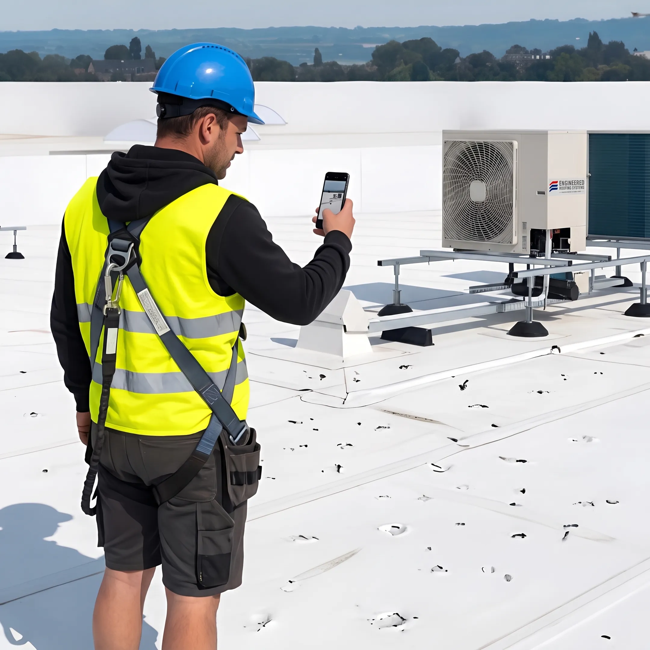 Technician documenting commercial hail roof damage