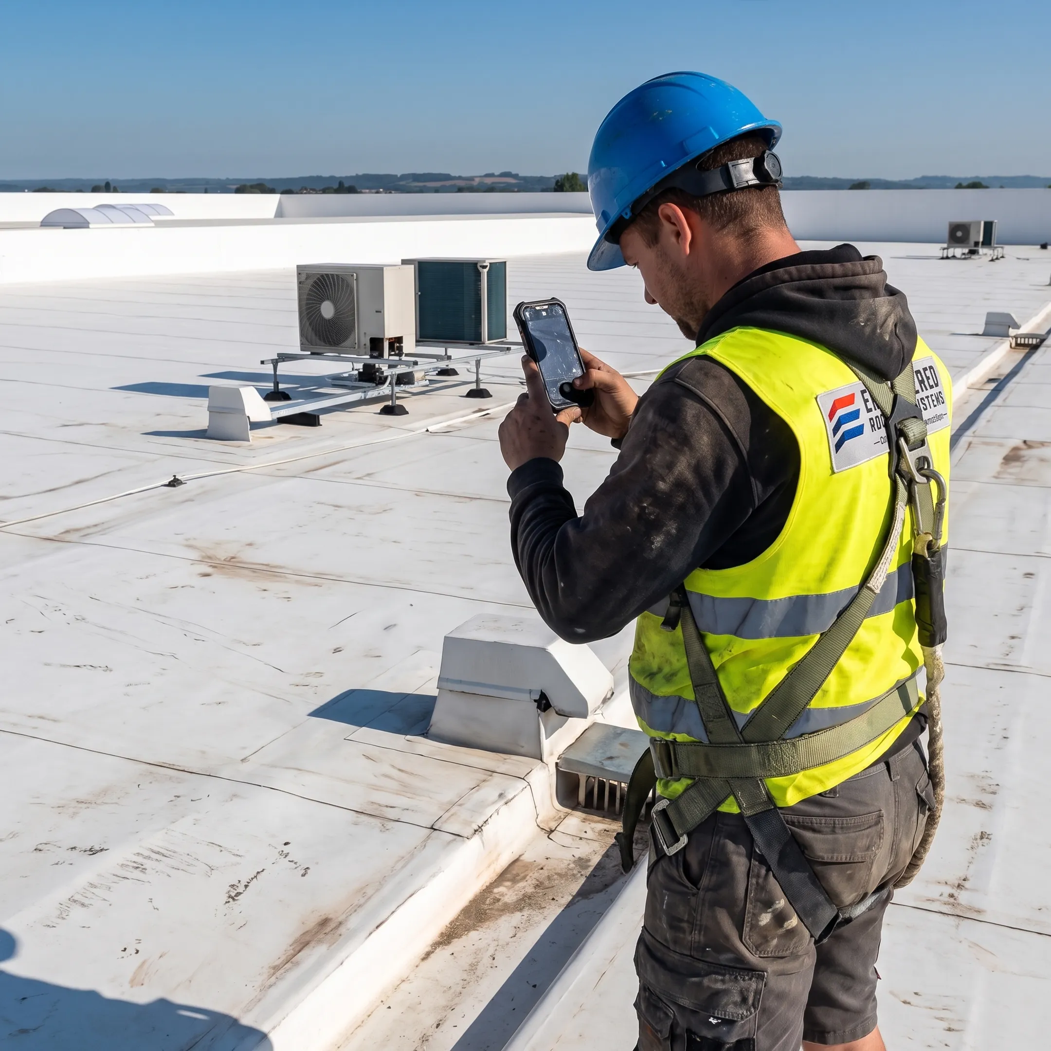 Inspector documenting commercial roof conditions