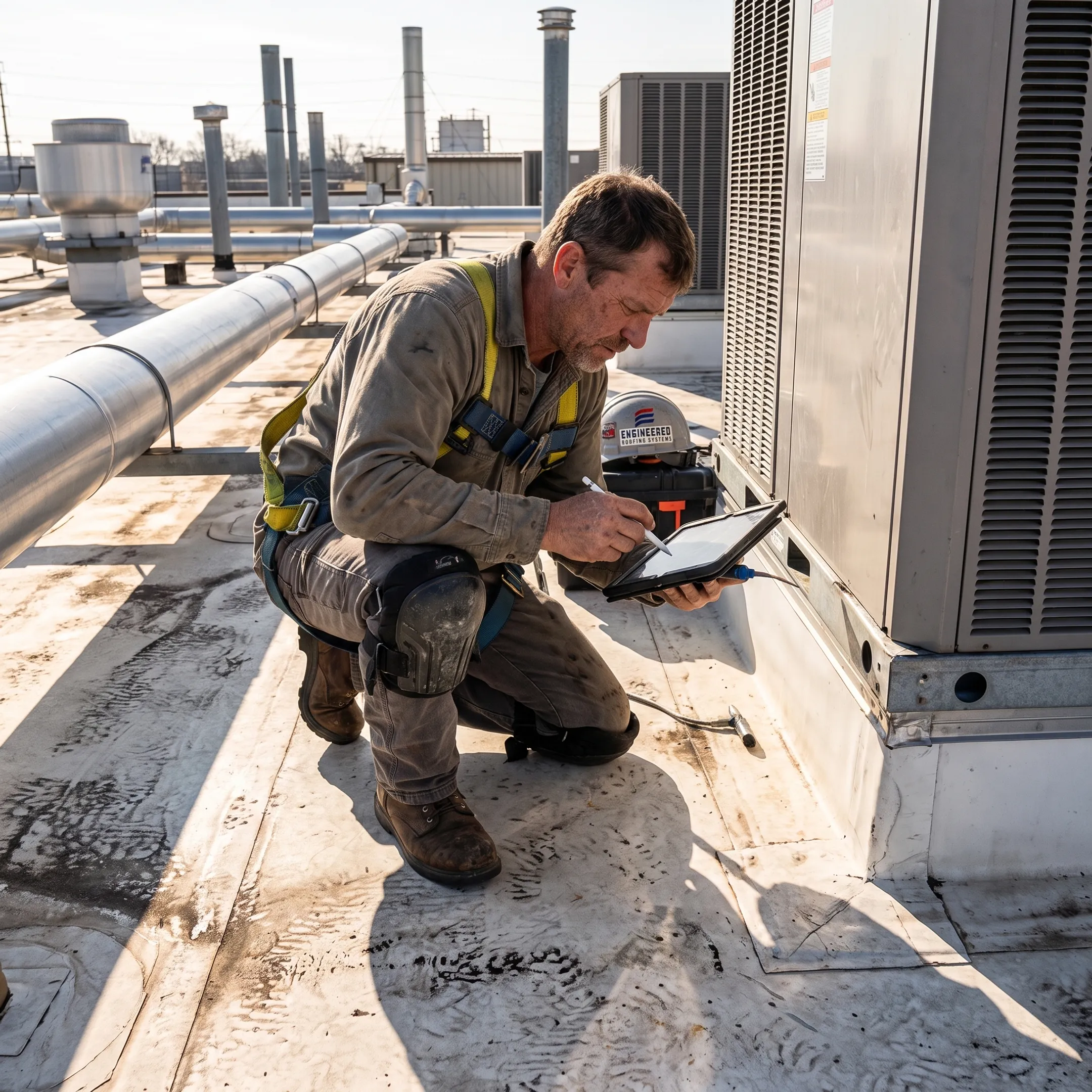 Commercial roofer inspecting flat roof seams