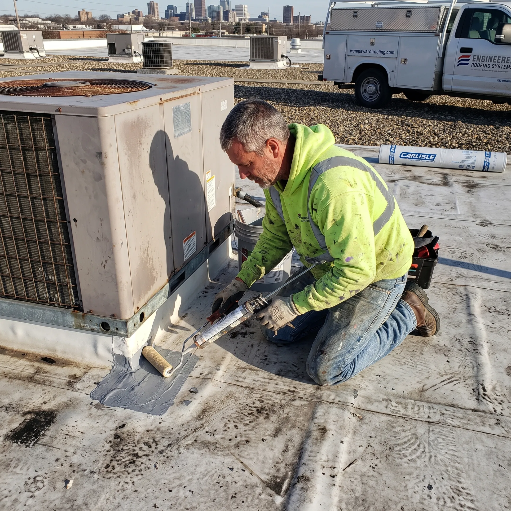 Technician repairing a commercial roof seam