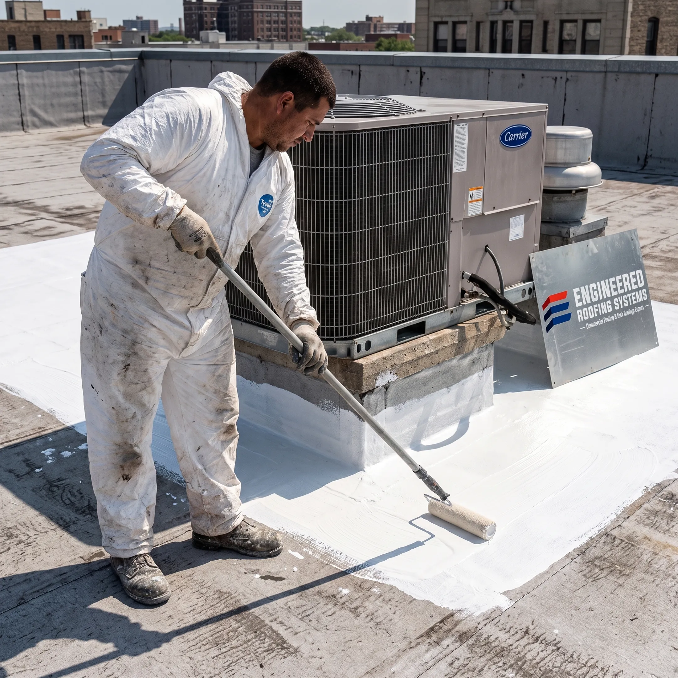 Technician applying protective roof coating