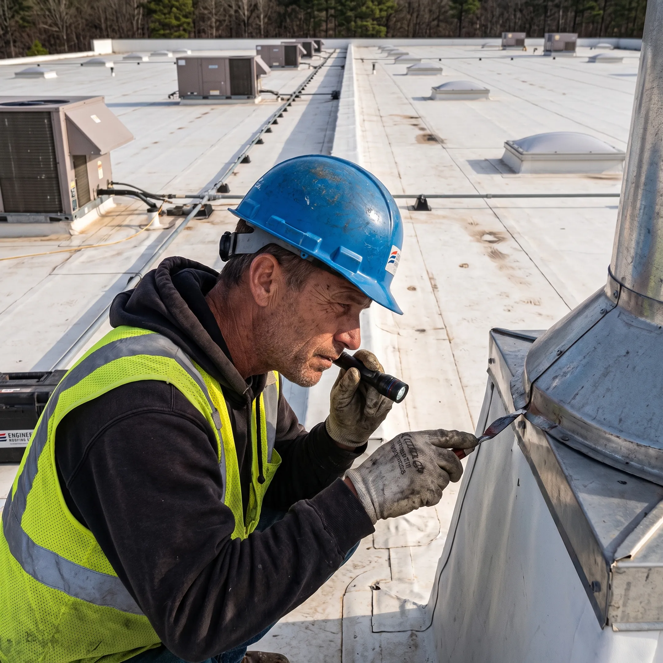 Commercial roofer inspecting roof flashing