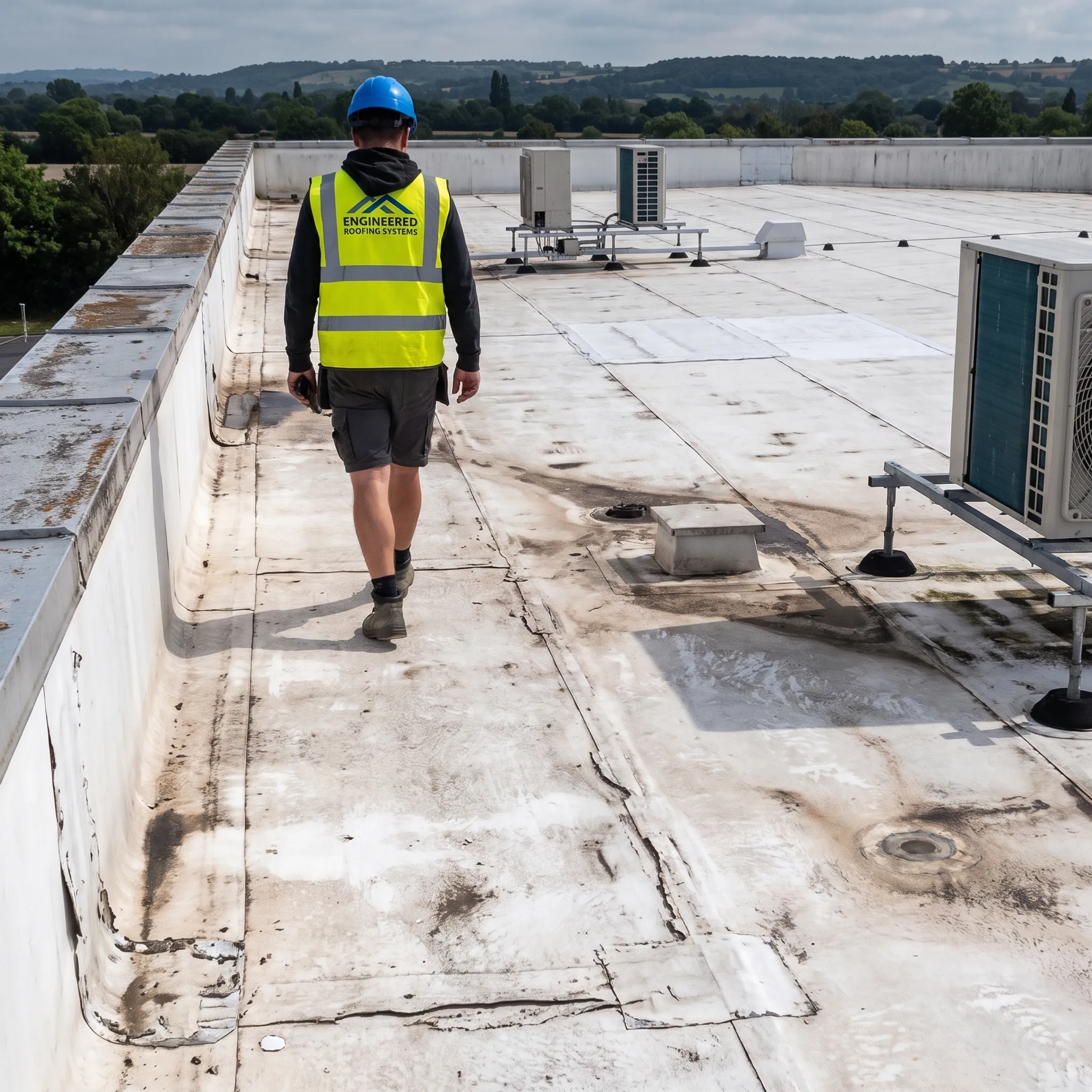 Technician inspecting a commercial roof before replacement