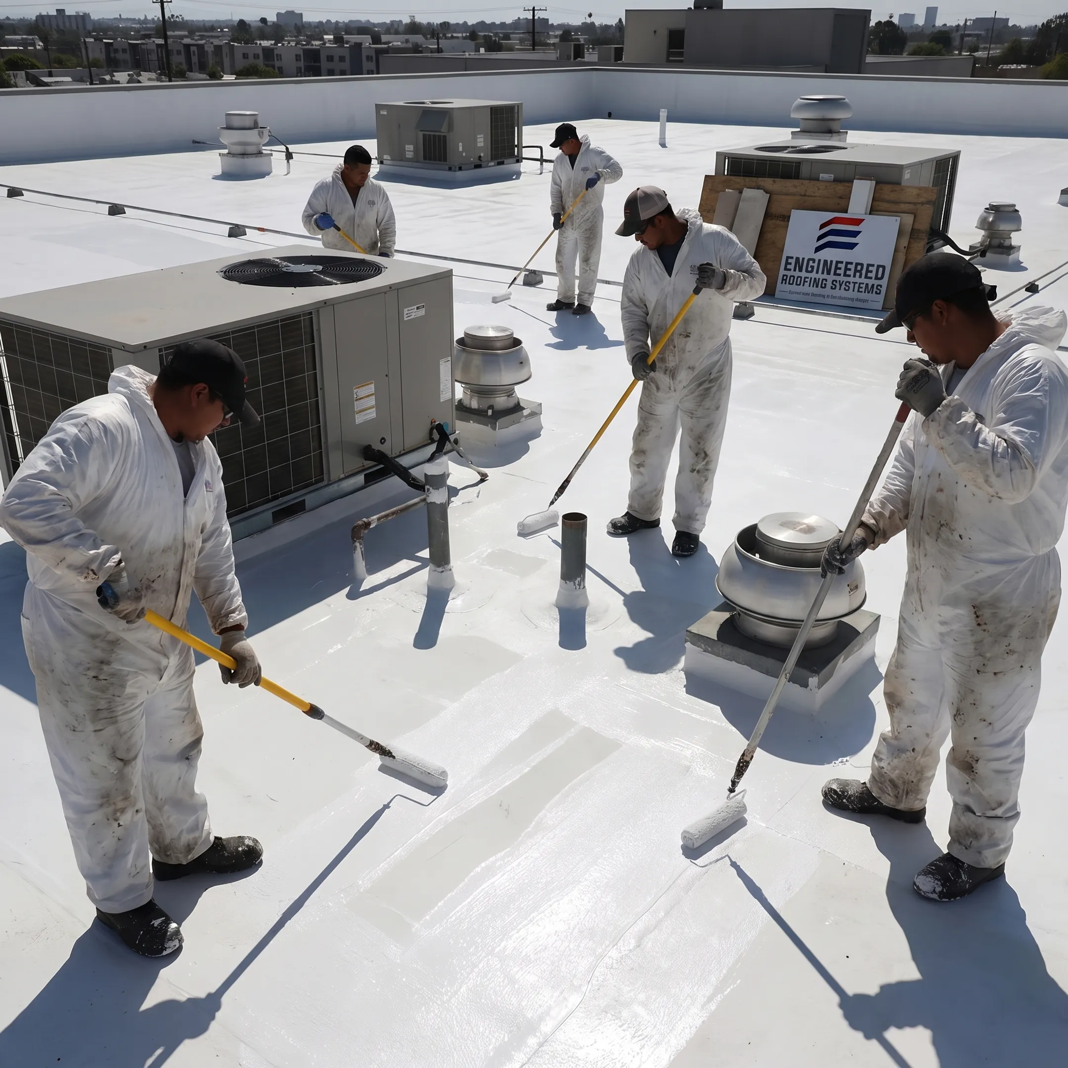 Commercial flat roof being restored with a seamless coating