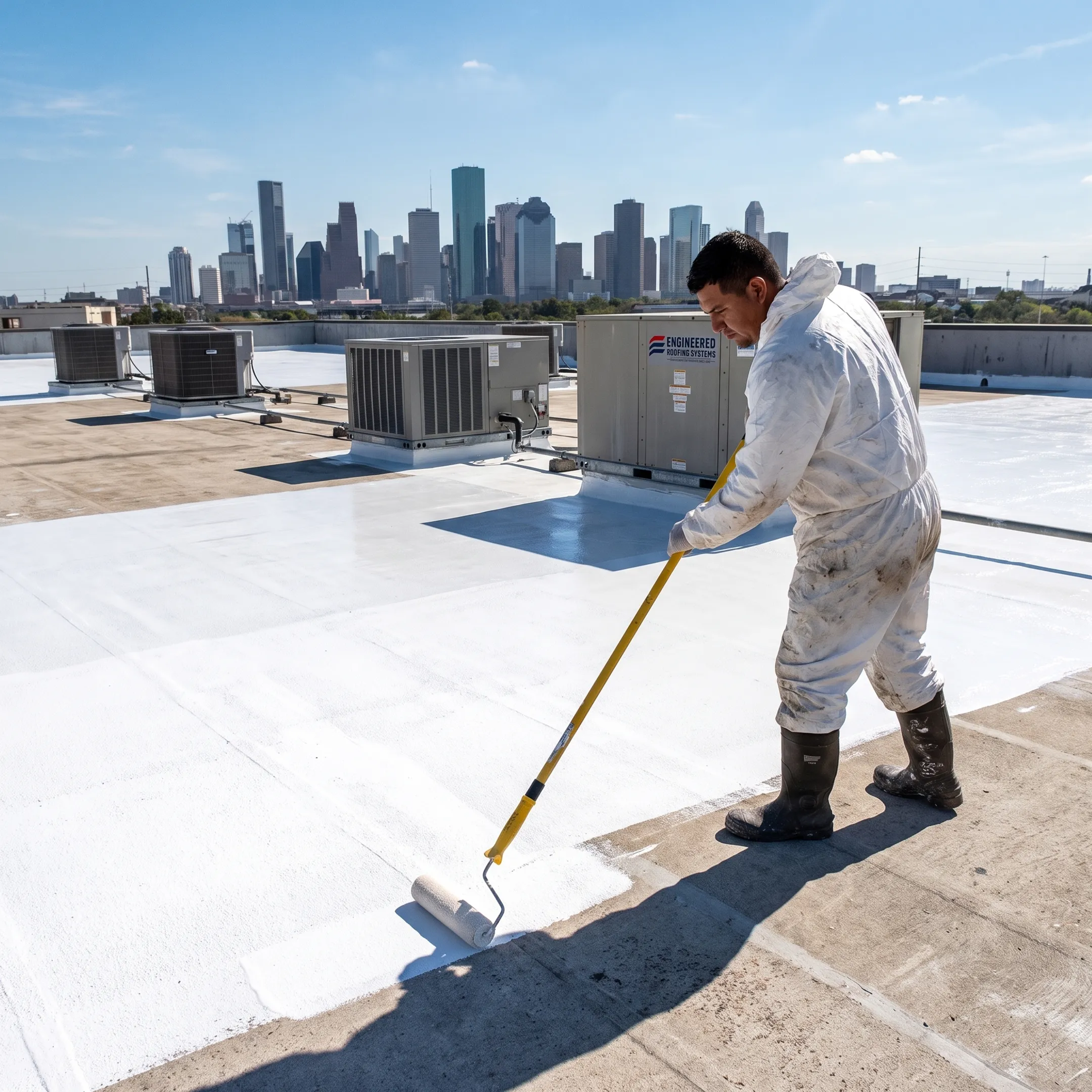 Technician applying protective coating on commercial roof
