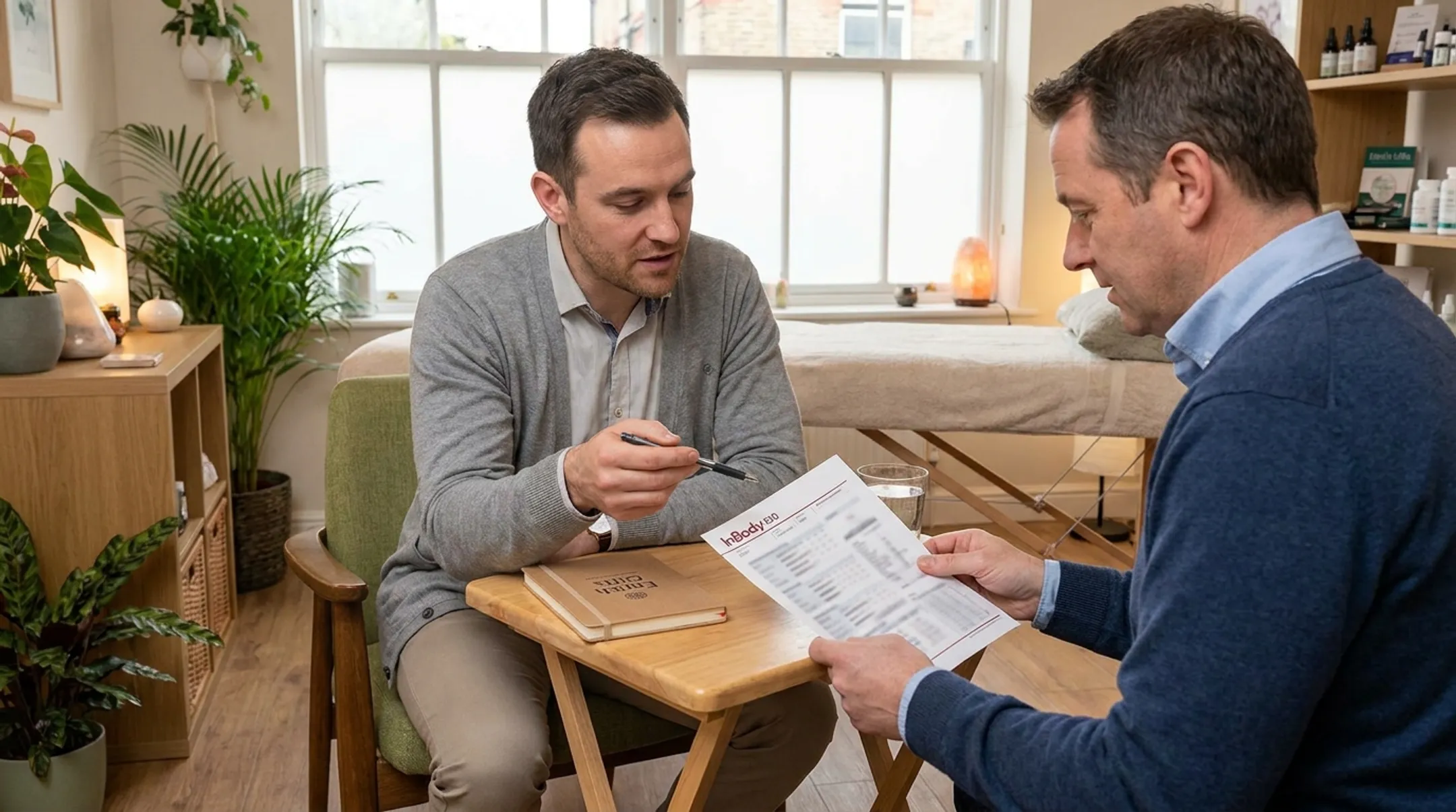 Practitioner reviewing InBody body composition results with wellness client