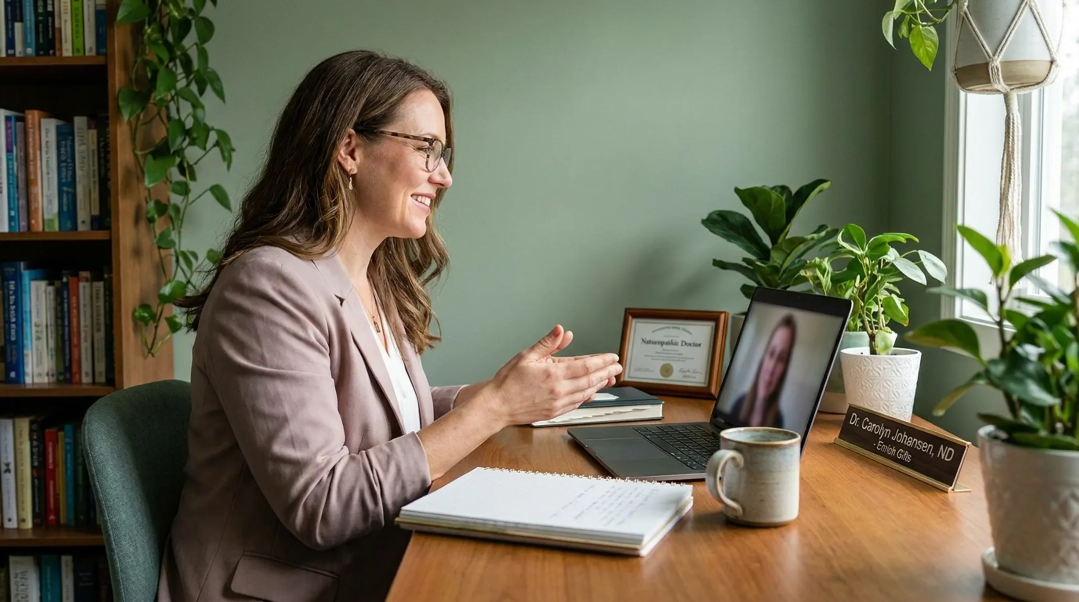 Naturopath conducting personalized wellness consultation through video appointment