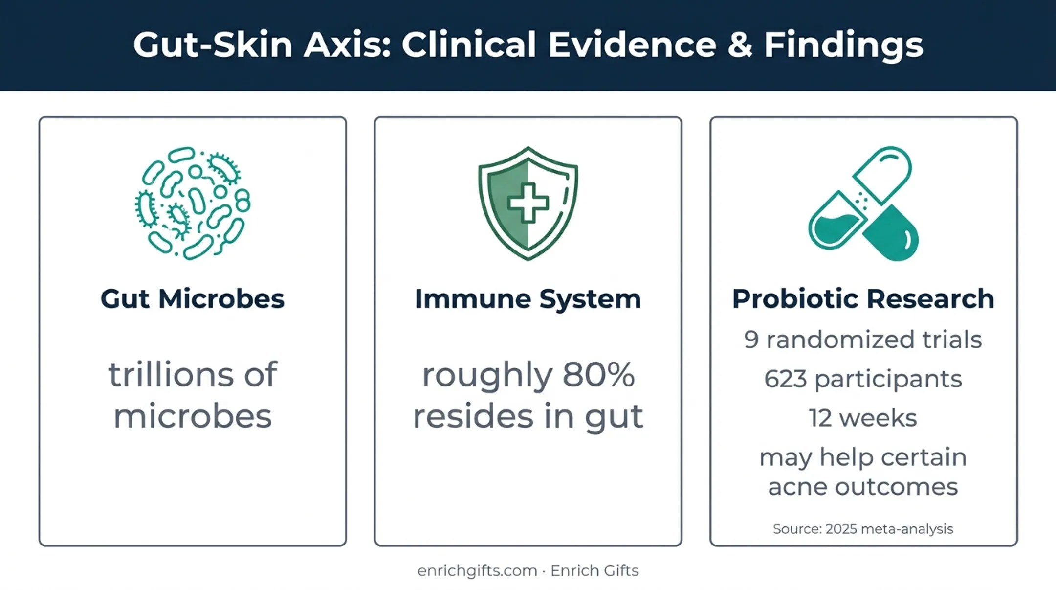 Gut-skin connection and probiotic acne research evidence infographic