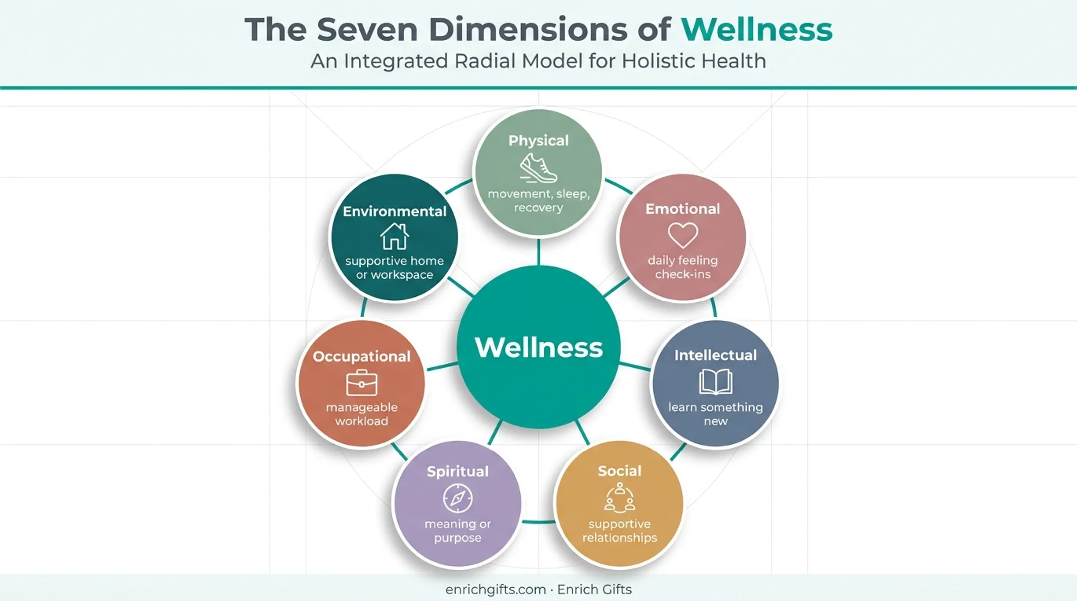 Seven dimensions of wellness radial wheel with interconnected daily life areas