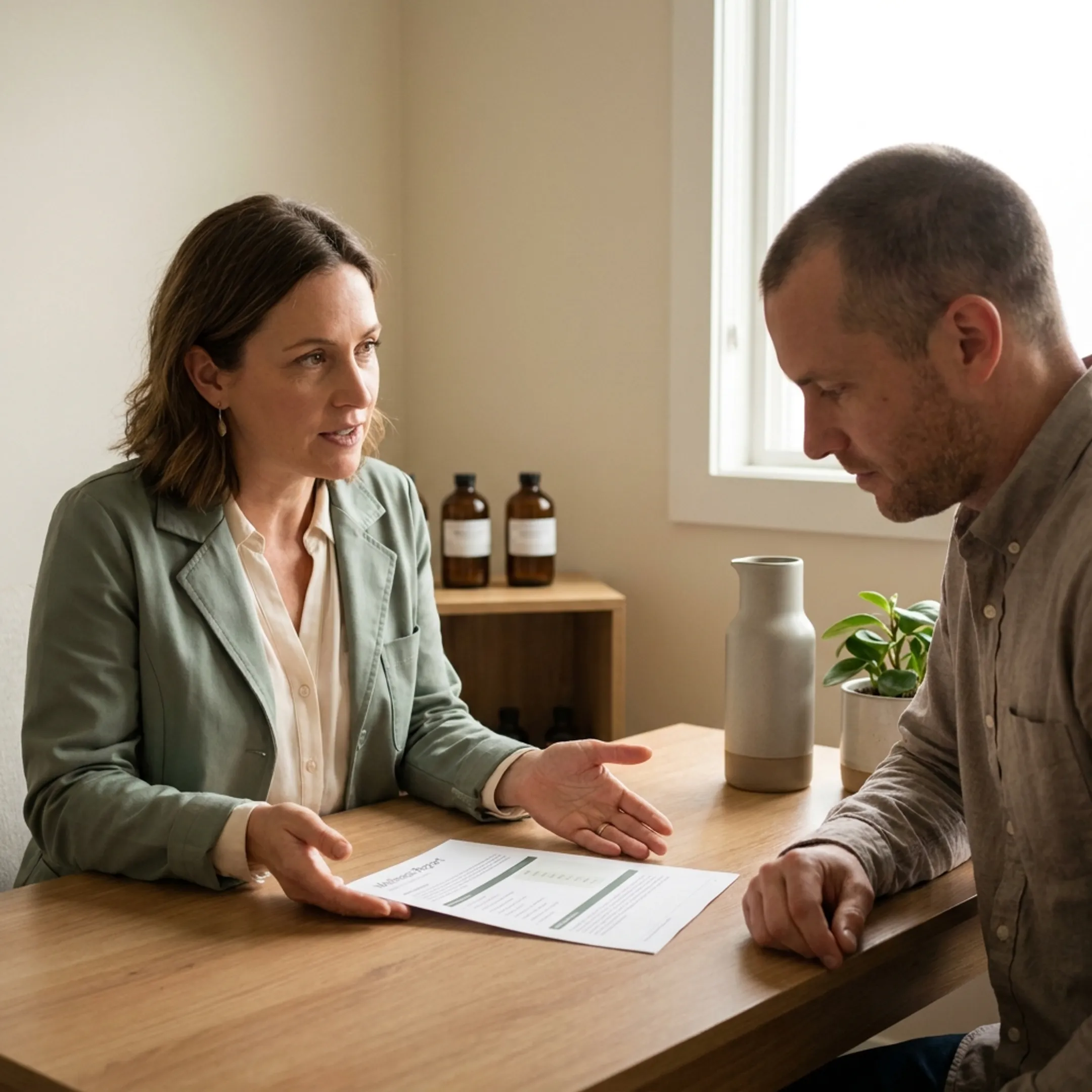 Practitioner discussing functional wellness assessment results with a client