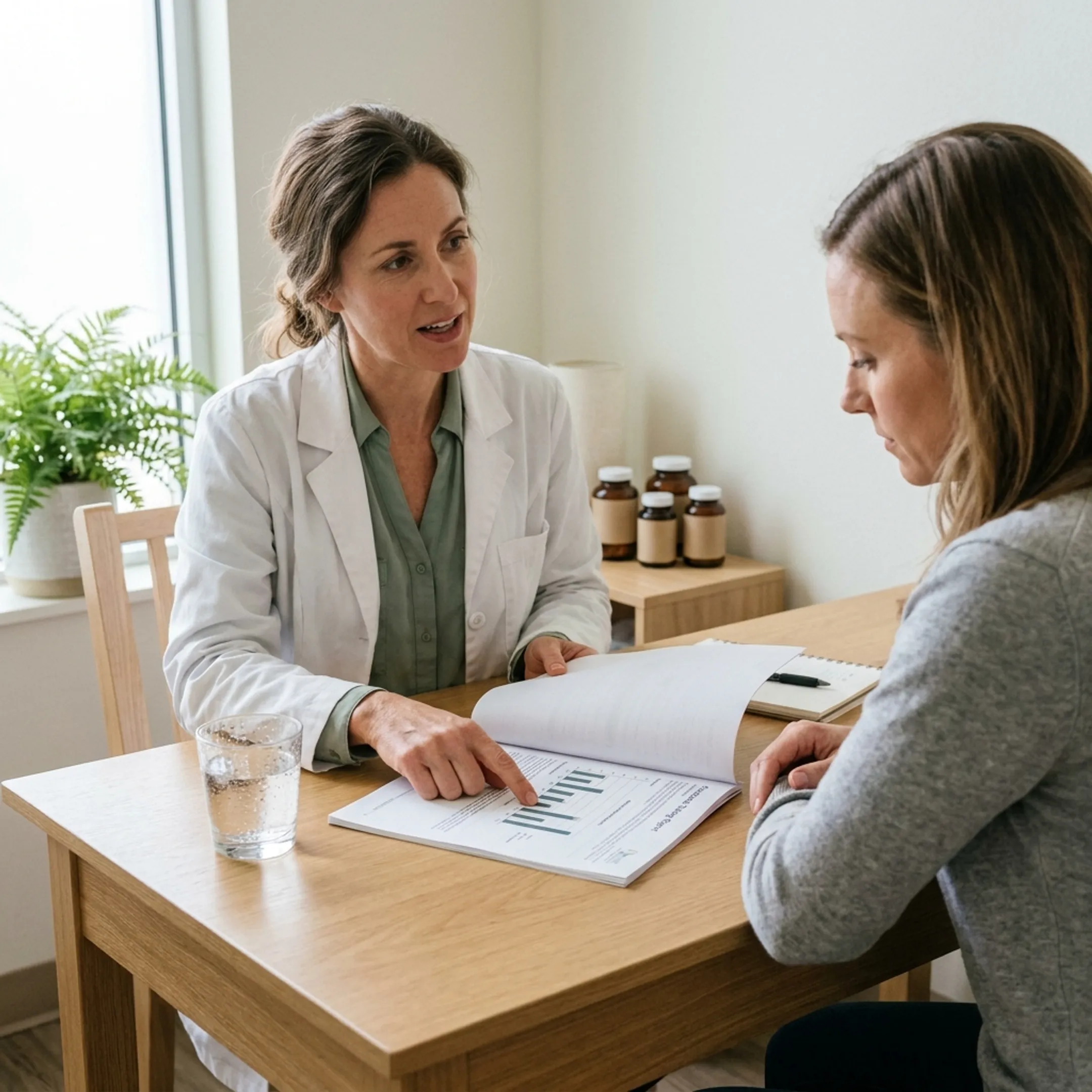 Practitioner reviewing personalized naturopathic wellness information with a client