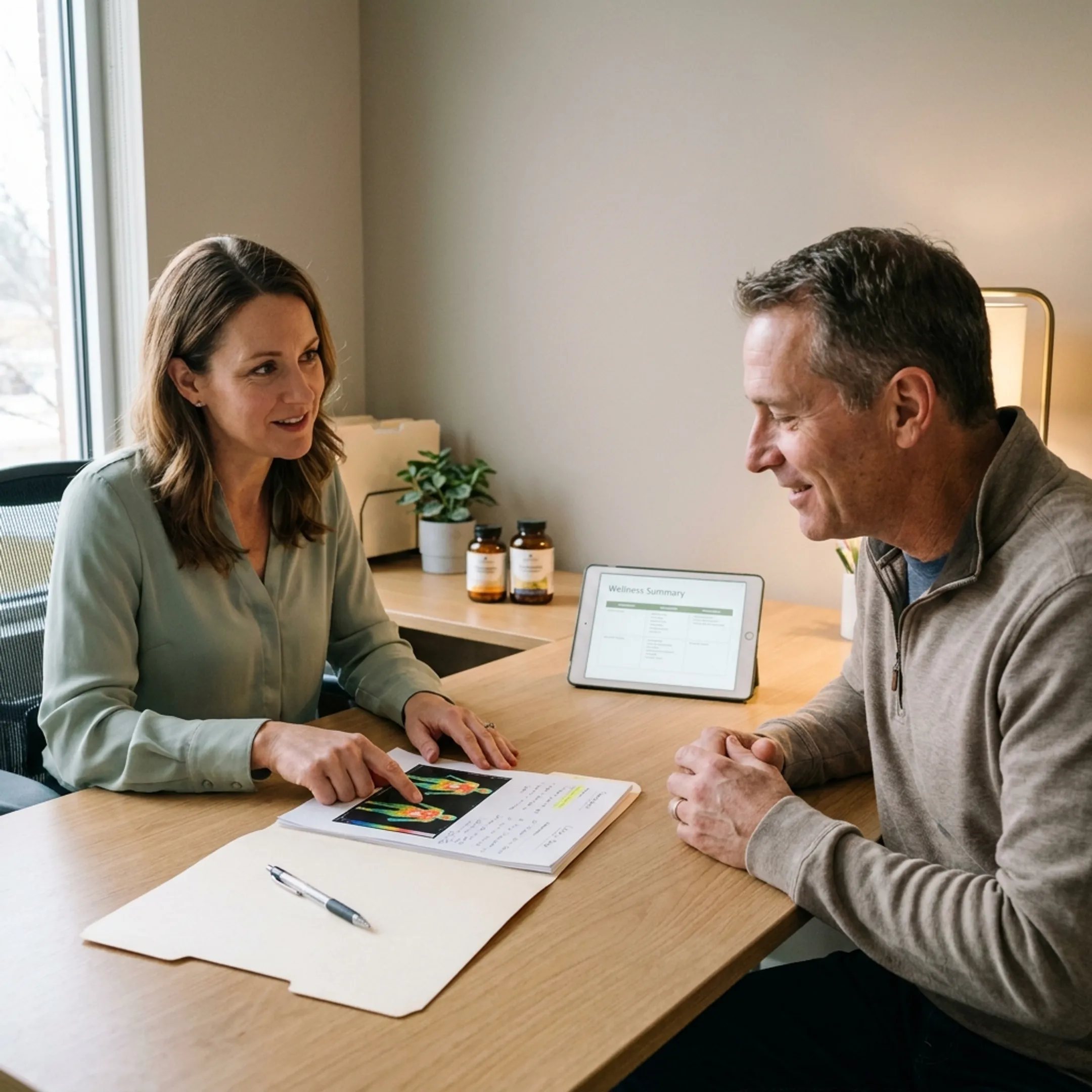 Naturopath reviewing functional wellness test results with a client