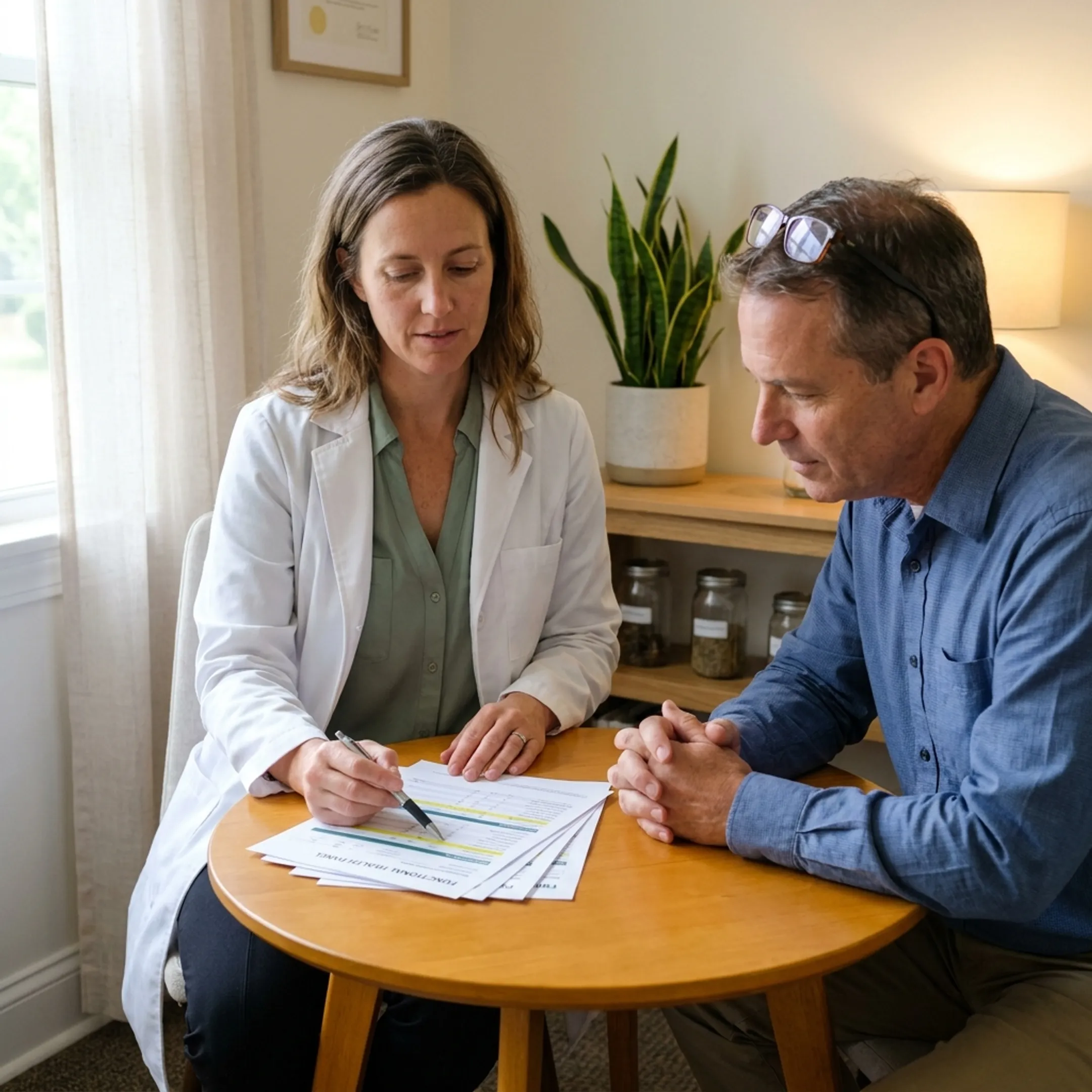 Naturopath reviewing functional health results with a patient