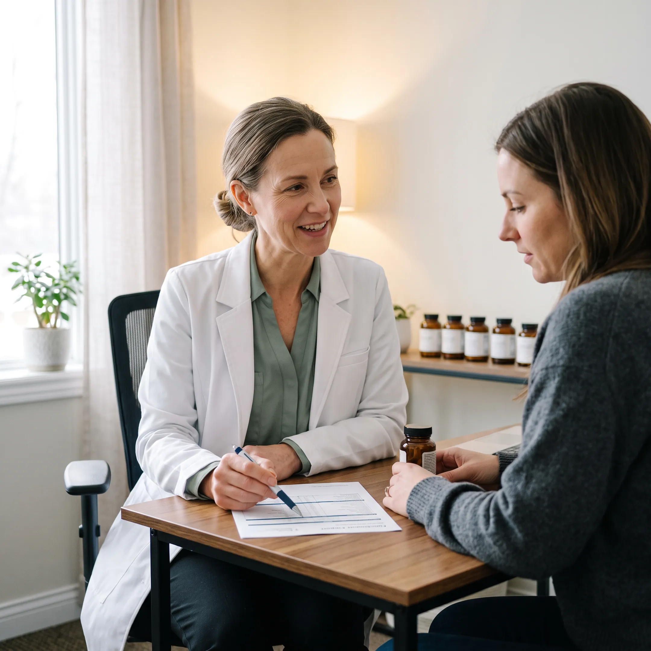 Naturopath reviewing functional health information during a personalized wellness consultation