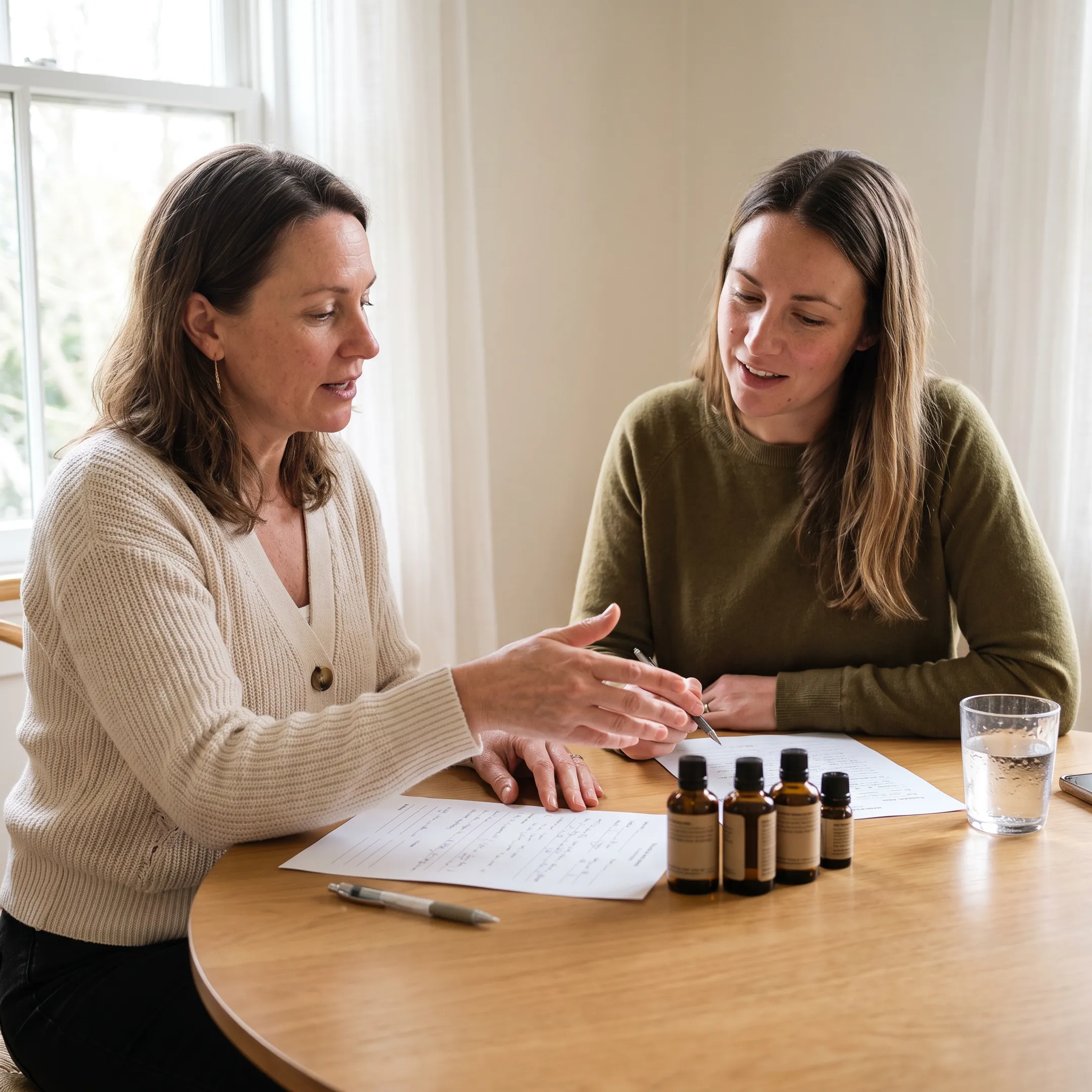 Naturopath reviewing wellness information and supplements with a client
