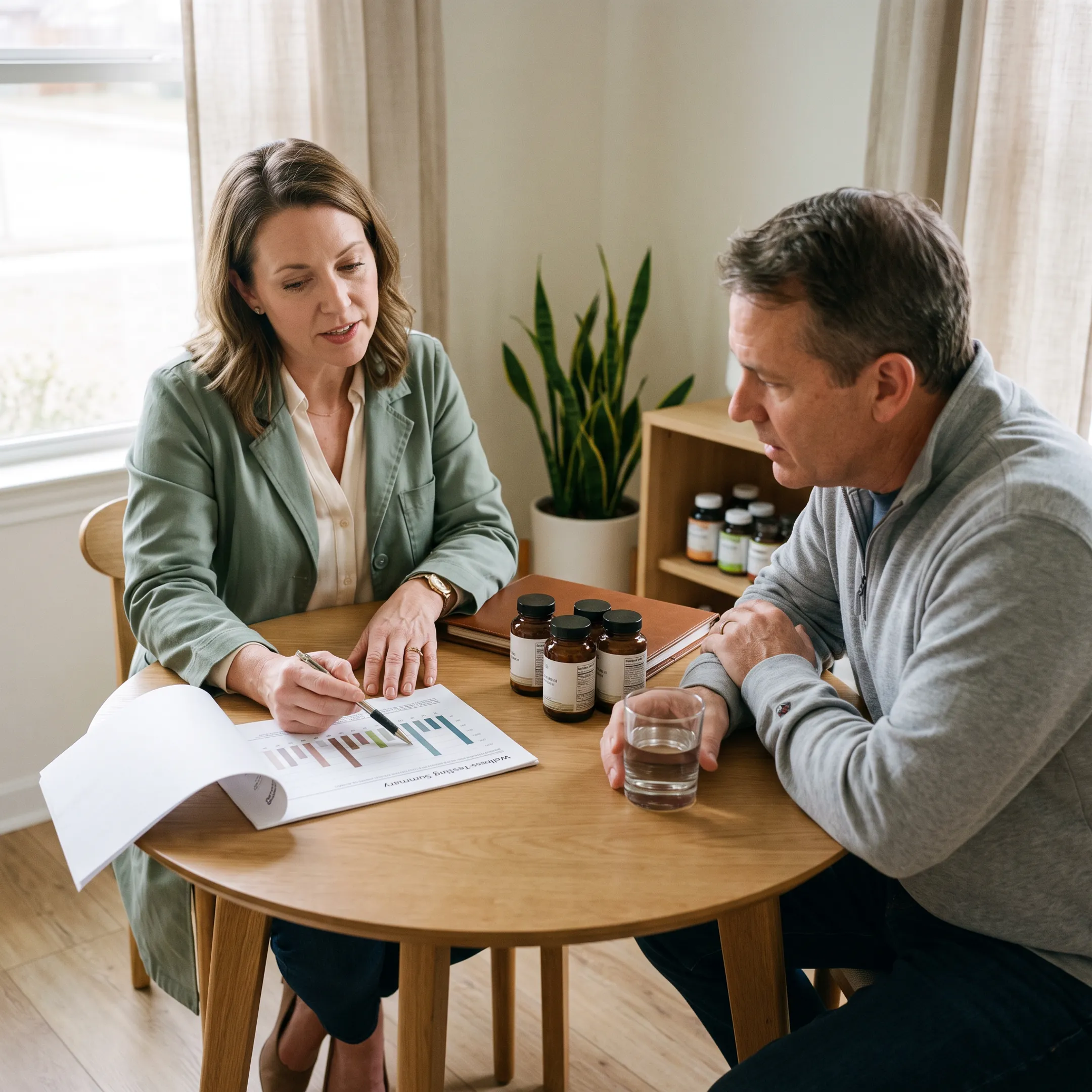 Naturopath discussing functional wellness assessment with a client