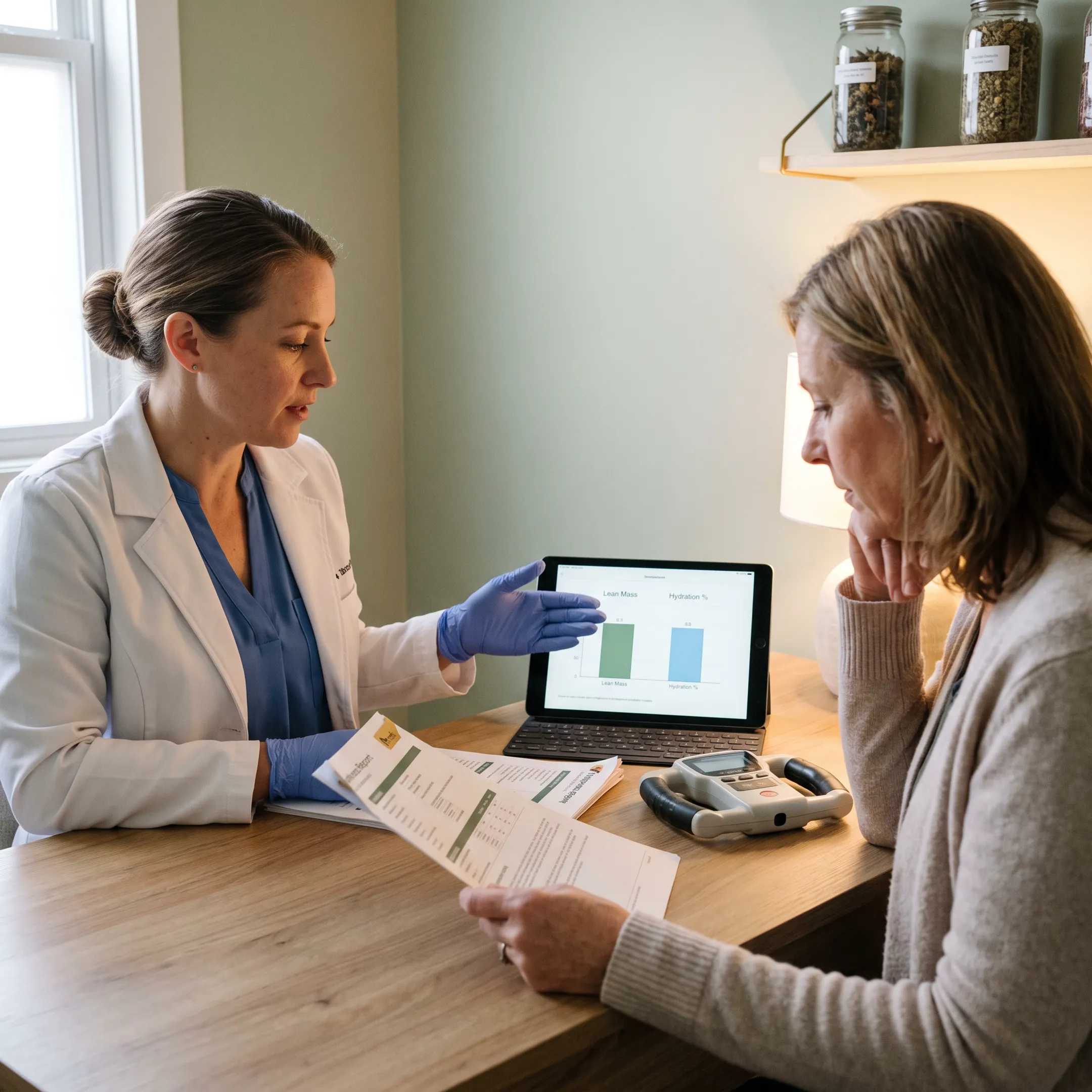 Naturopath reviewing functional health results with a client
