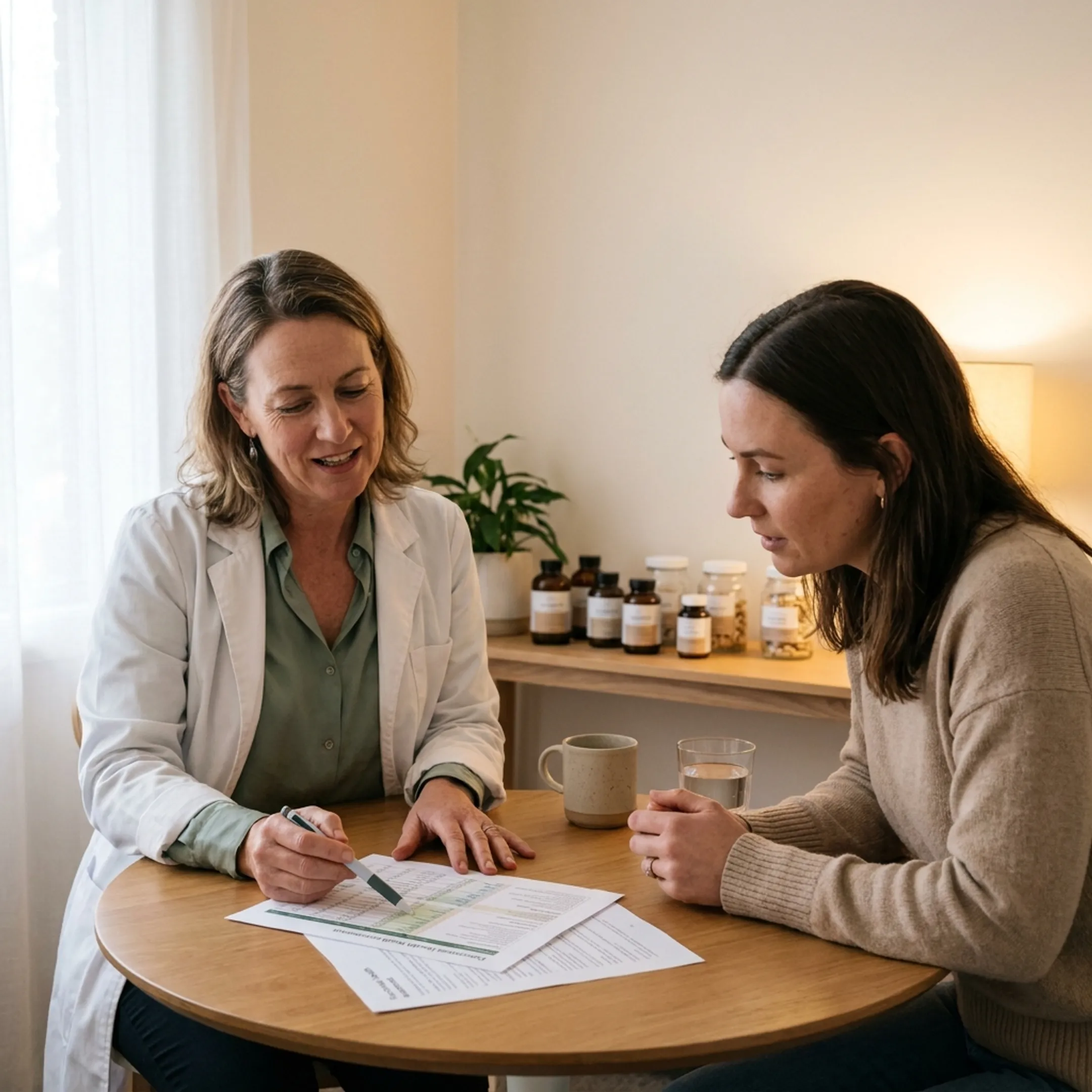 Naturopath reviewing functional wellness information during a consultation