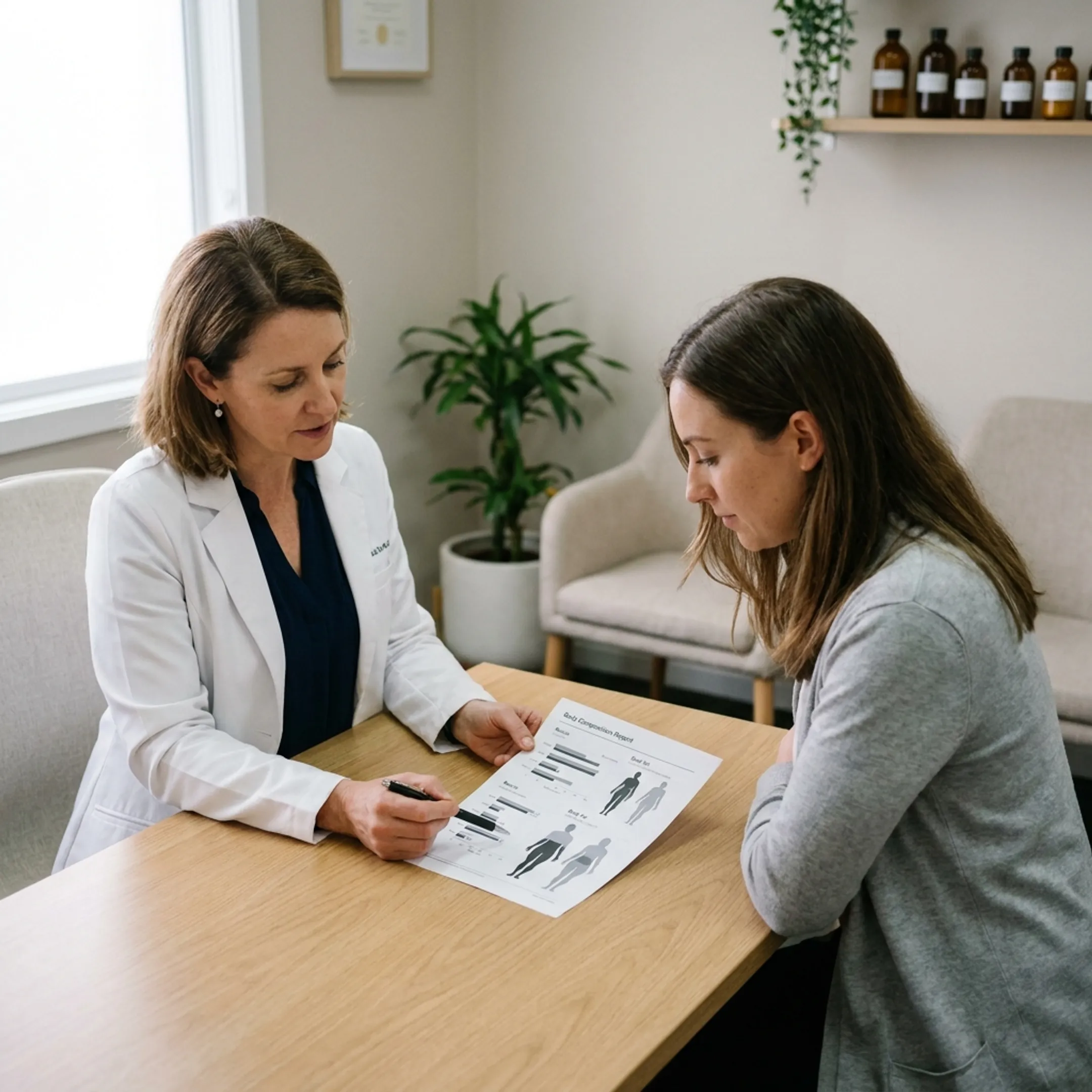 Client discussing body composition analysis results with a naturopath