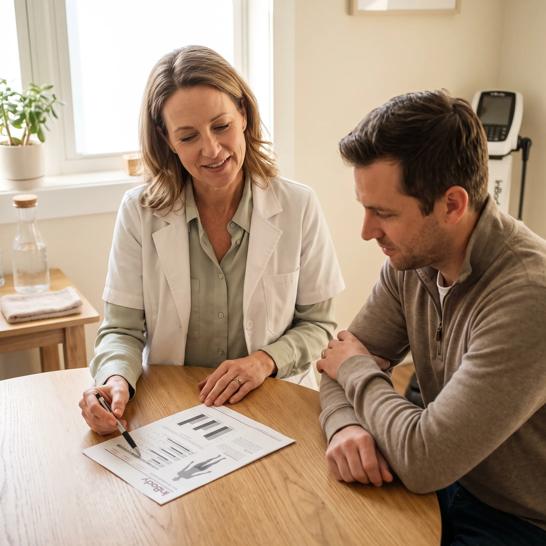 Body composition analysis results reviewed during a wellness consultation