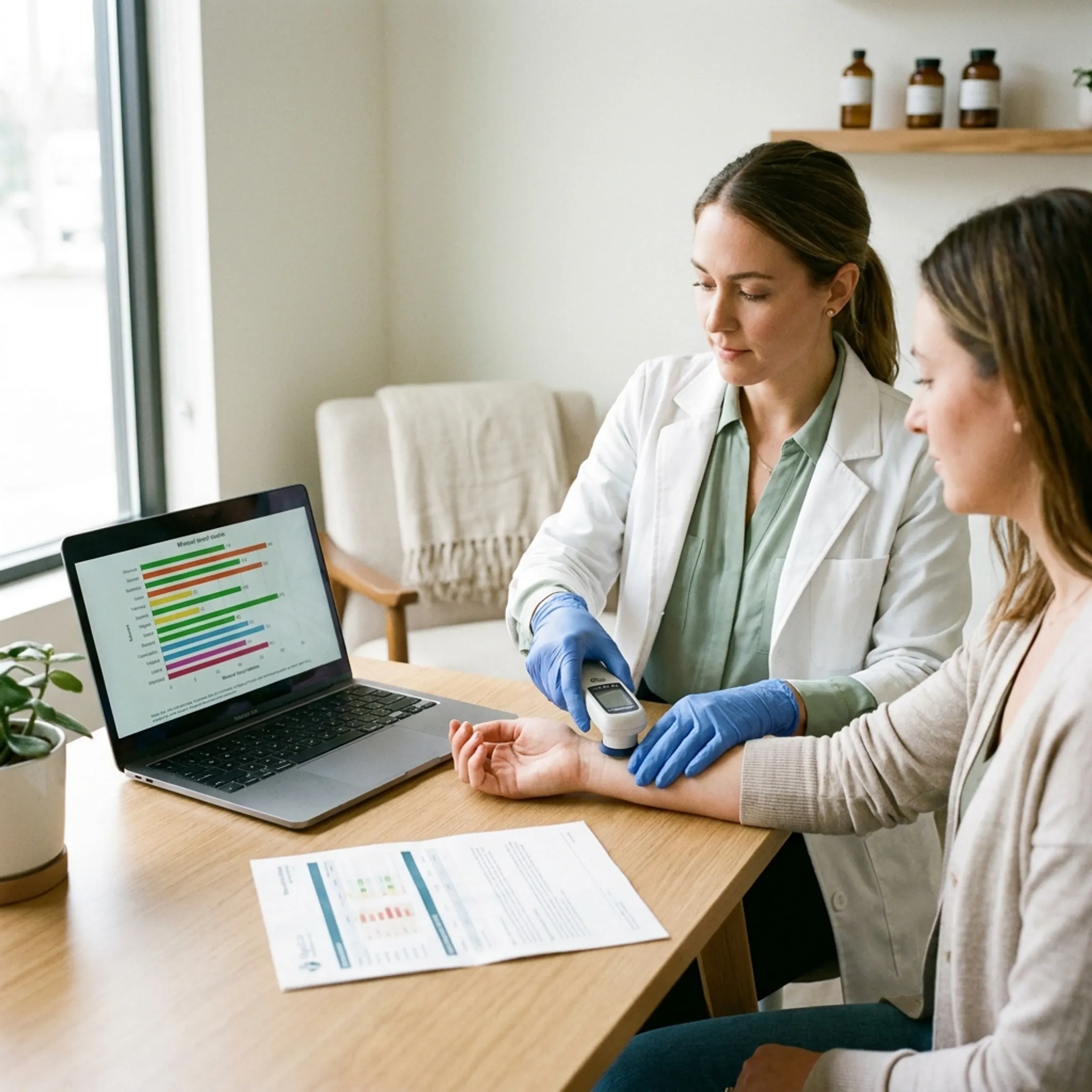 Client discussing OligoScan results and personalized wellness guidance with a naturopath