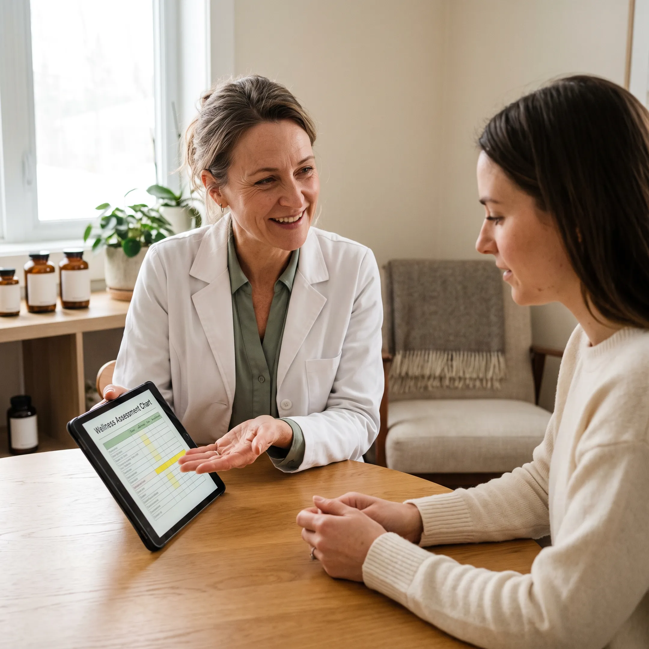 Doctor explaining functional wellness assessment results to a client