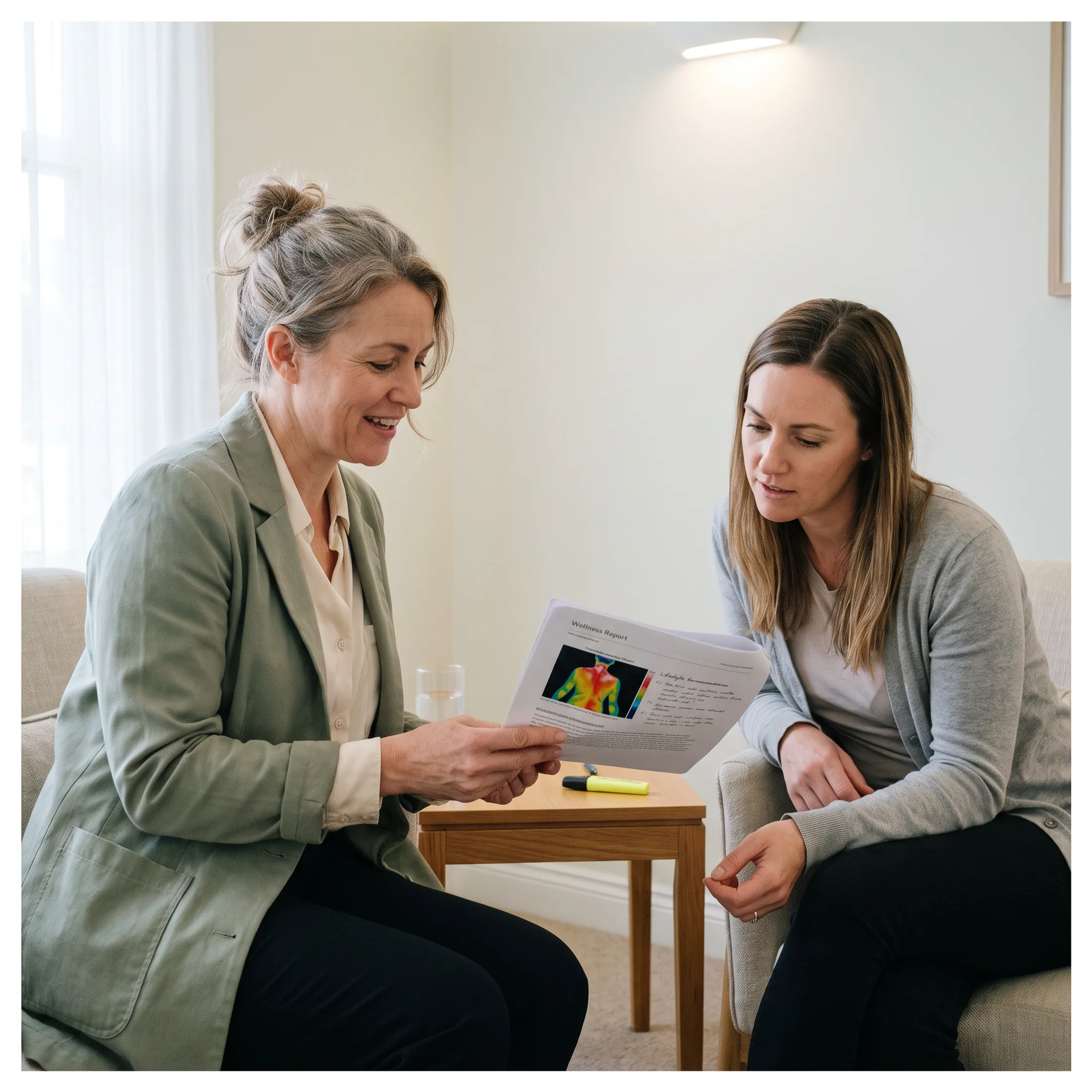 Naturopath reviewing personalized wellness information with a client