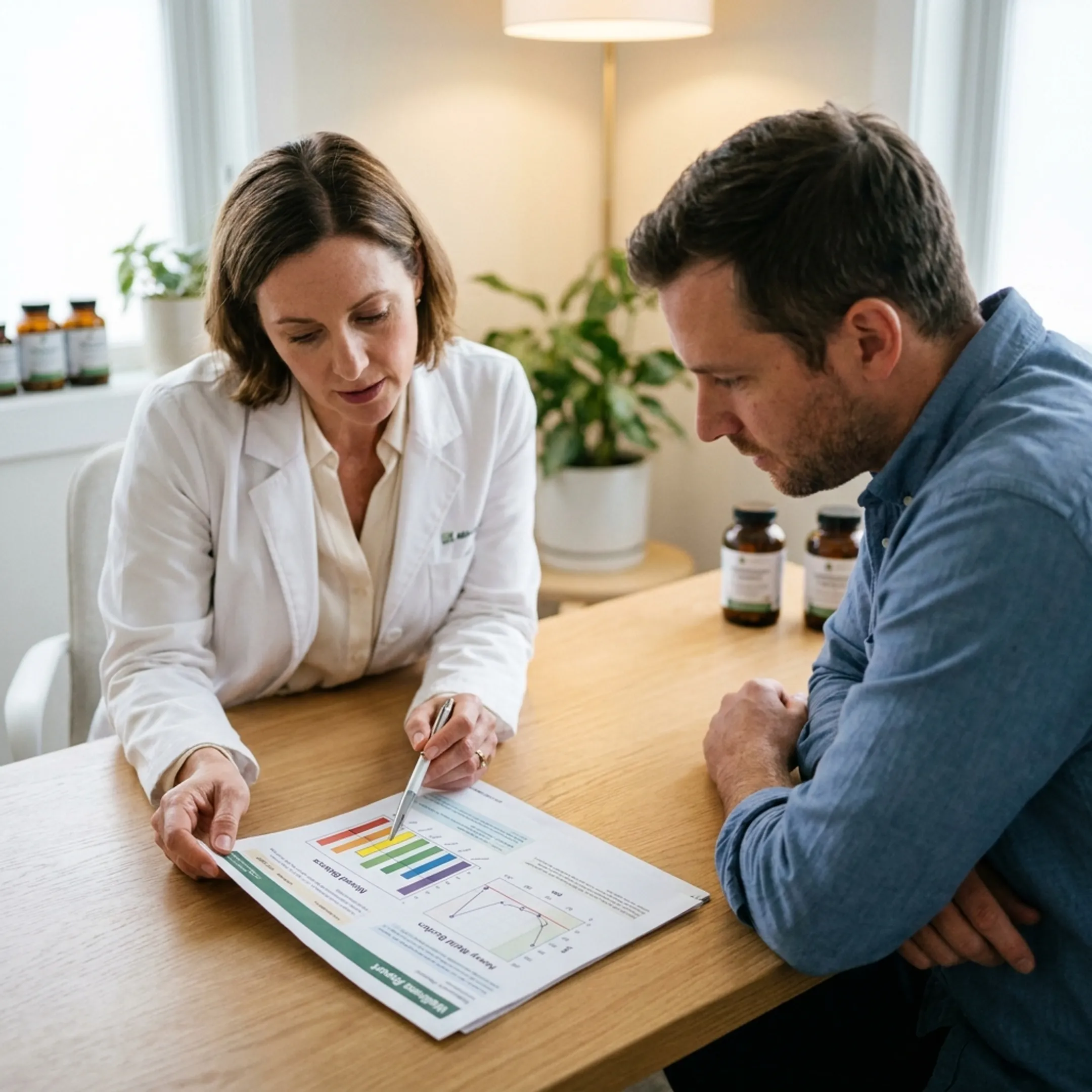 Naturopath explaining OligoScan mineral and heavy-metal testing results to a client