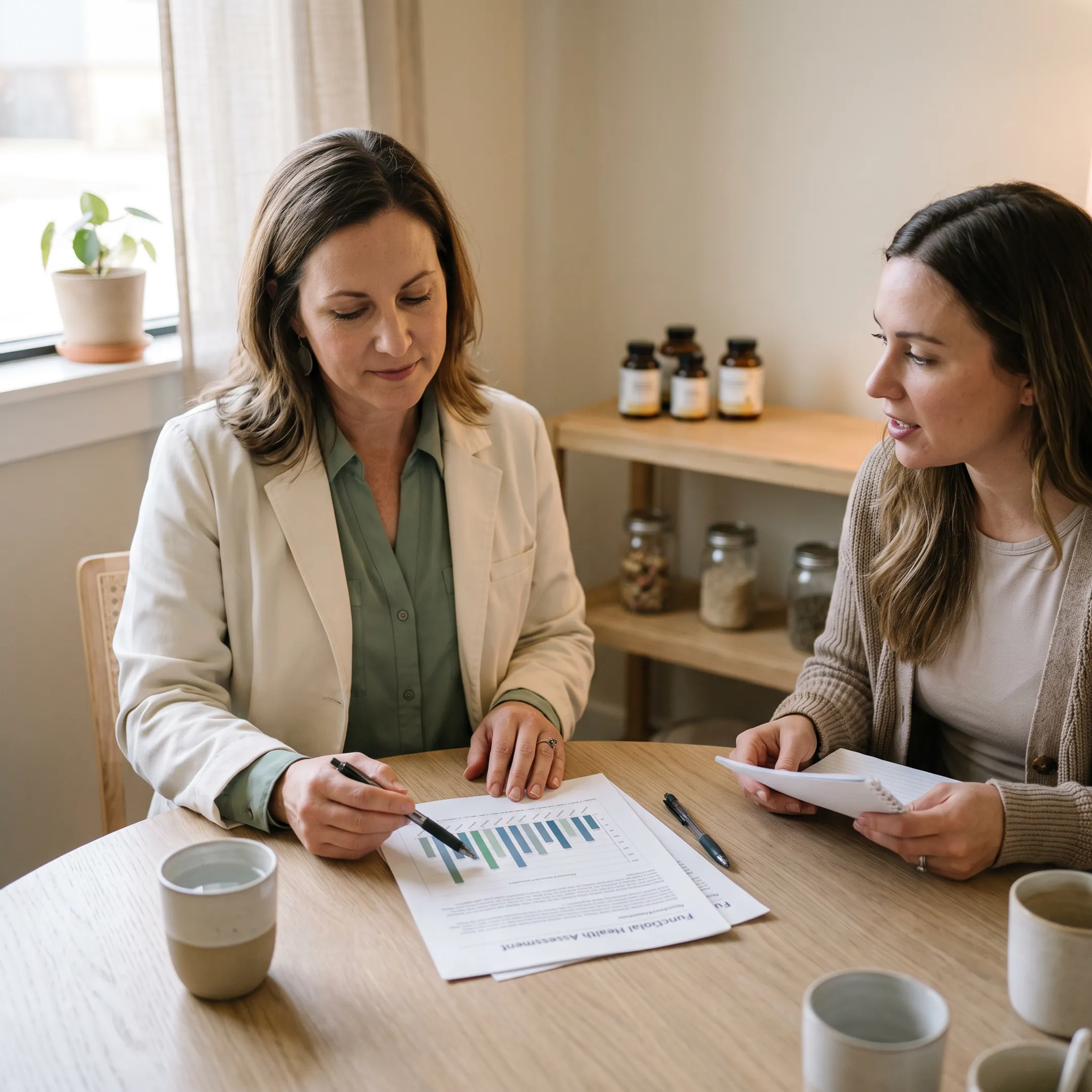 Naturopath reviewing functional wellness test results with a client