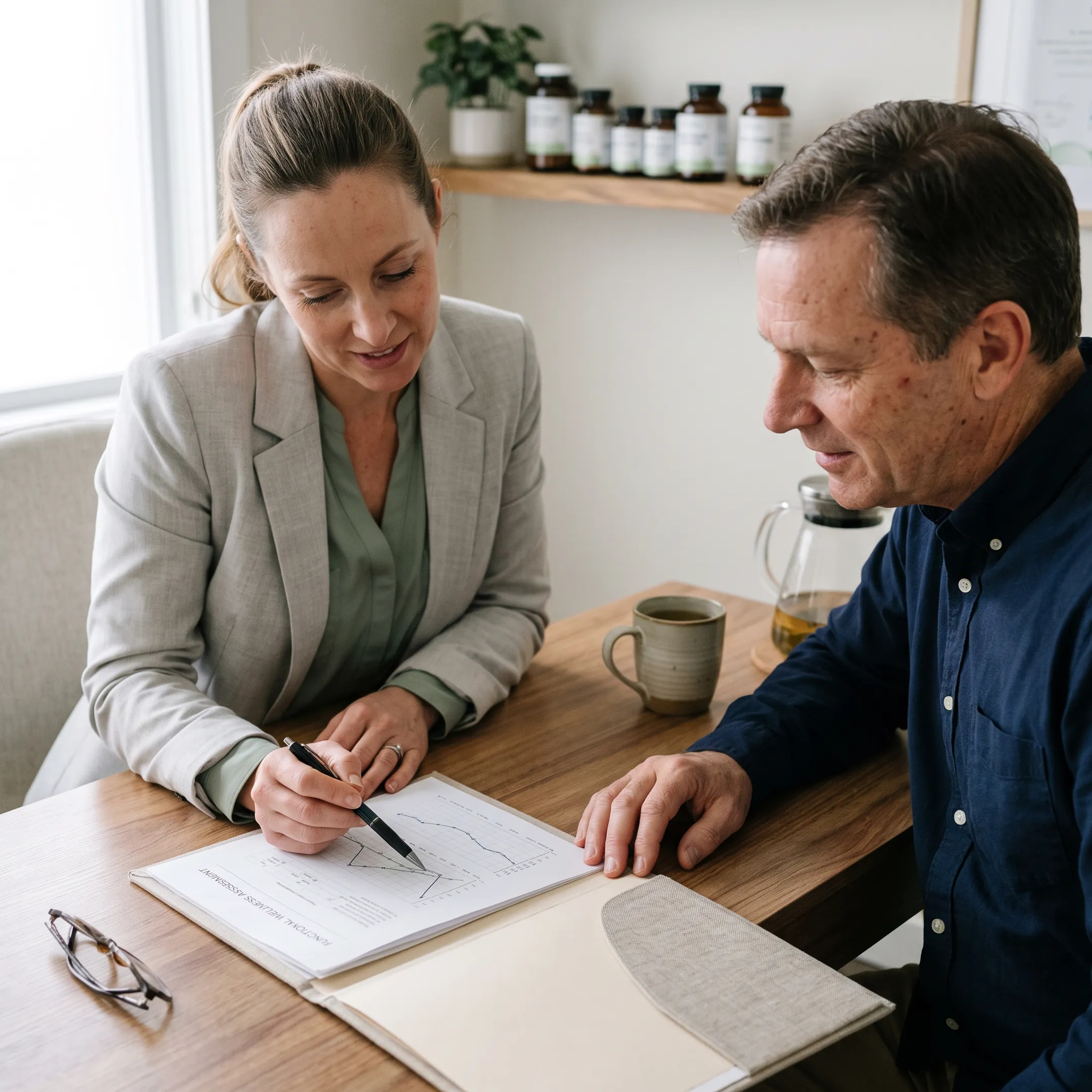 Naturopath reviewing functional wellness results with a client during a personalized consultation