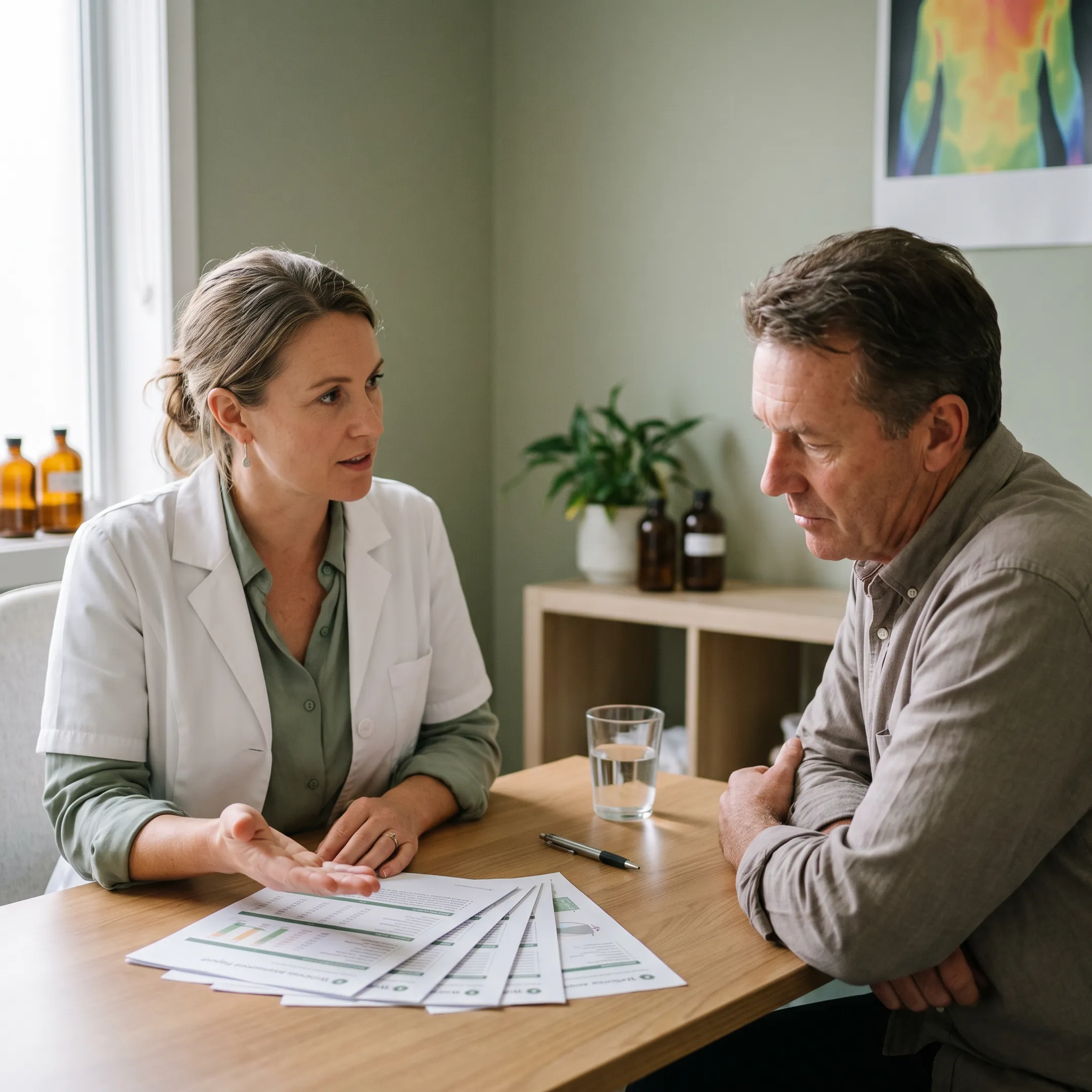 Client reviewing personalized wellness assessment information with a naturopath