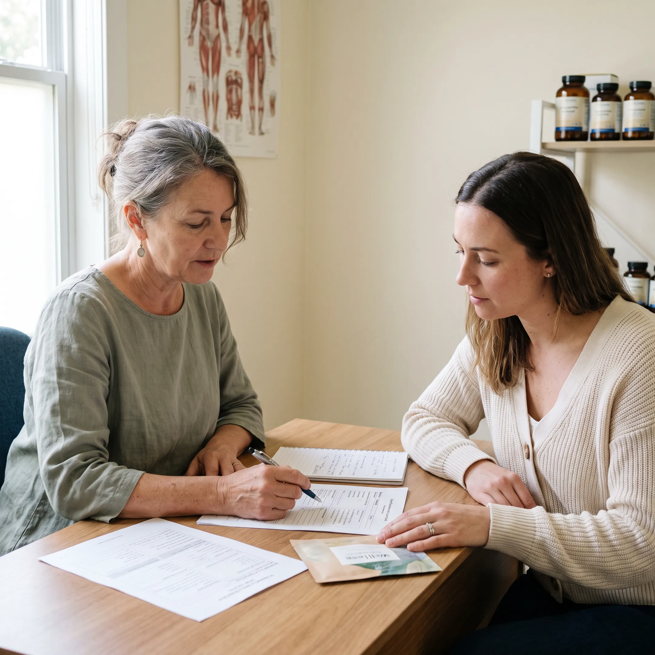 Naturopath reviewing functional wellness assessment results with a female client