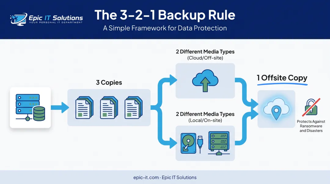 3-2-1 backup rule diagram showing three copies two media types