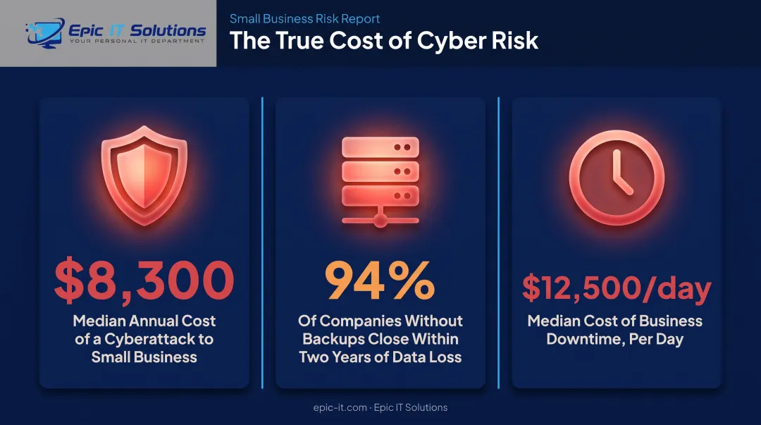 Small business cybersecurity breach and downtime cost statistics infographic