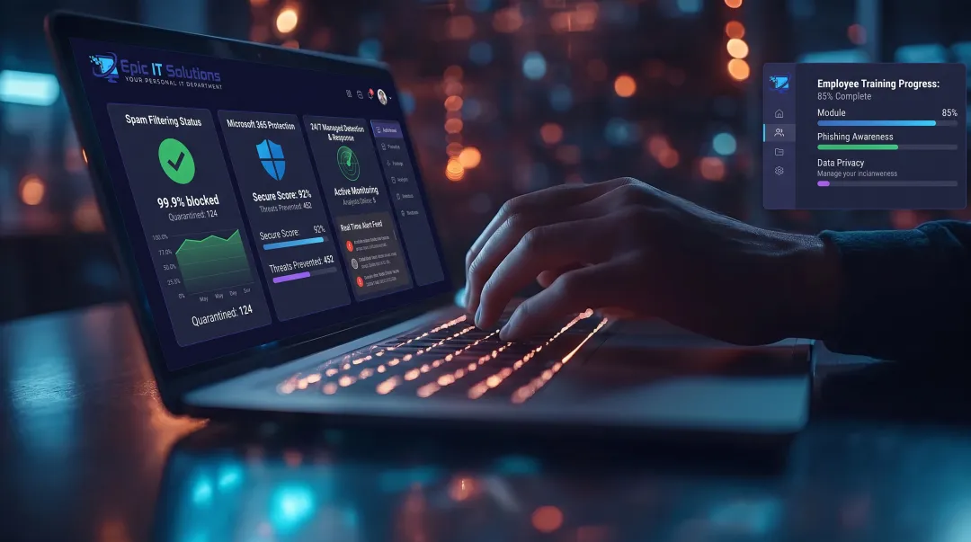 Epic IT Solutions layered cybersecurity dashboard with spam filtering and monitoring