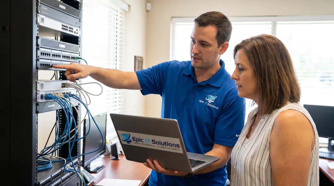 Epic IT Solutions technician conducting on-site business technology assessment
