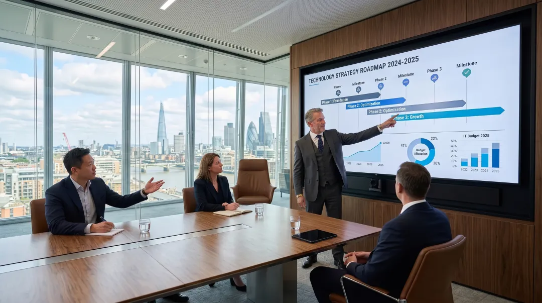 IT consultant reviewing technology roadmap and infrastructure plans with client