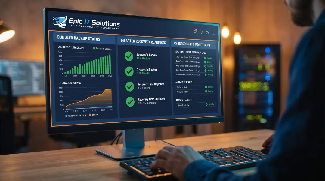 Managed IT provider dashboard showing backup disaster recovery and cybersecurity services