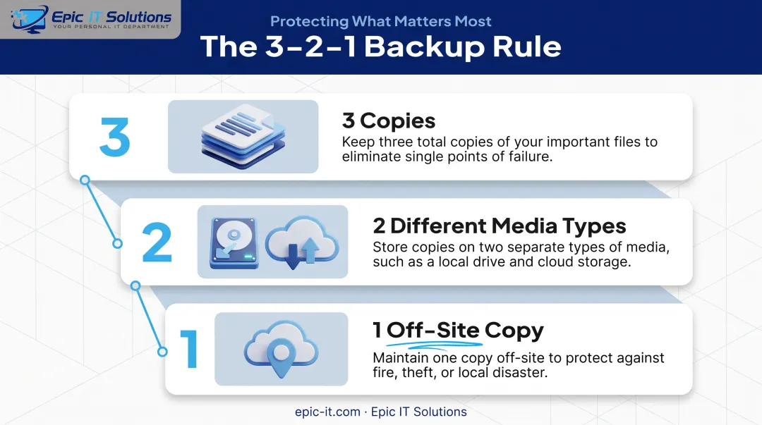 3-2-1 backup rule diagram showing copies media and offsite storage