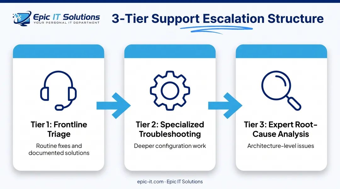 Three-tier IT help desk ticket escalation process flow diagram